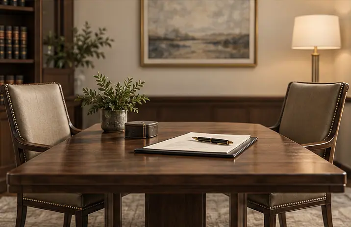 Conference table set for a settlement meeting