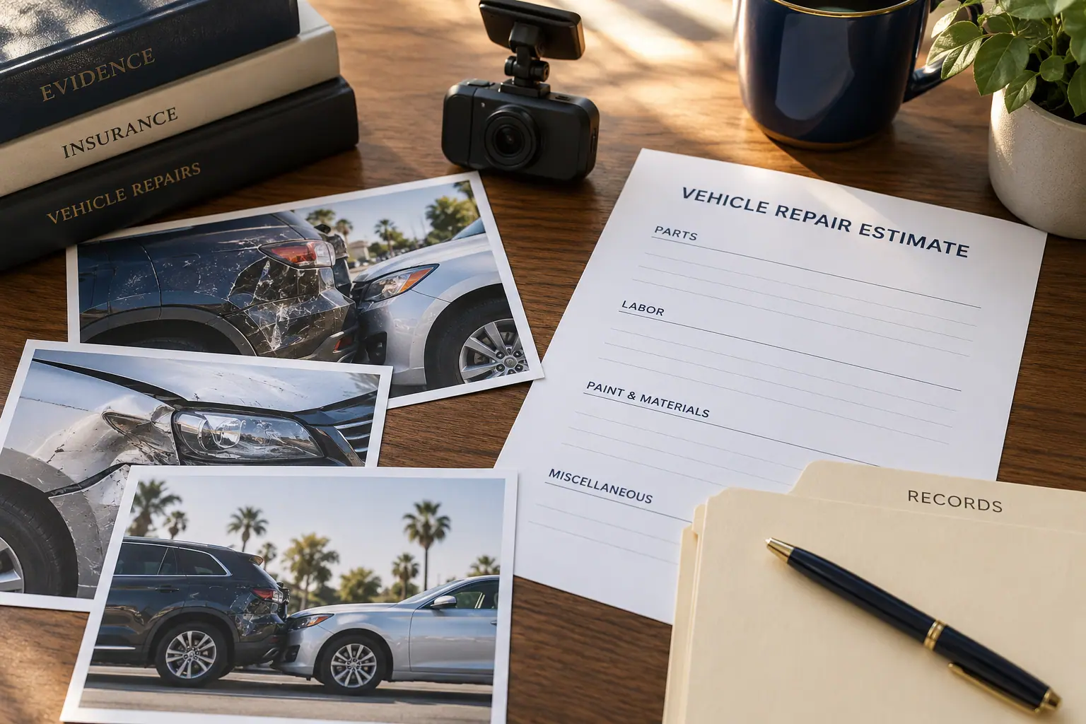 Crash photographs, a vehicle repair estimate, and a records folder on a desk.