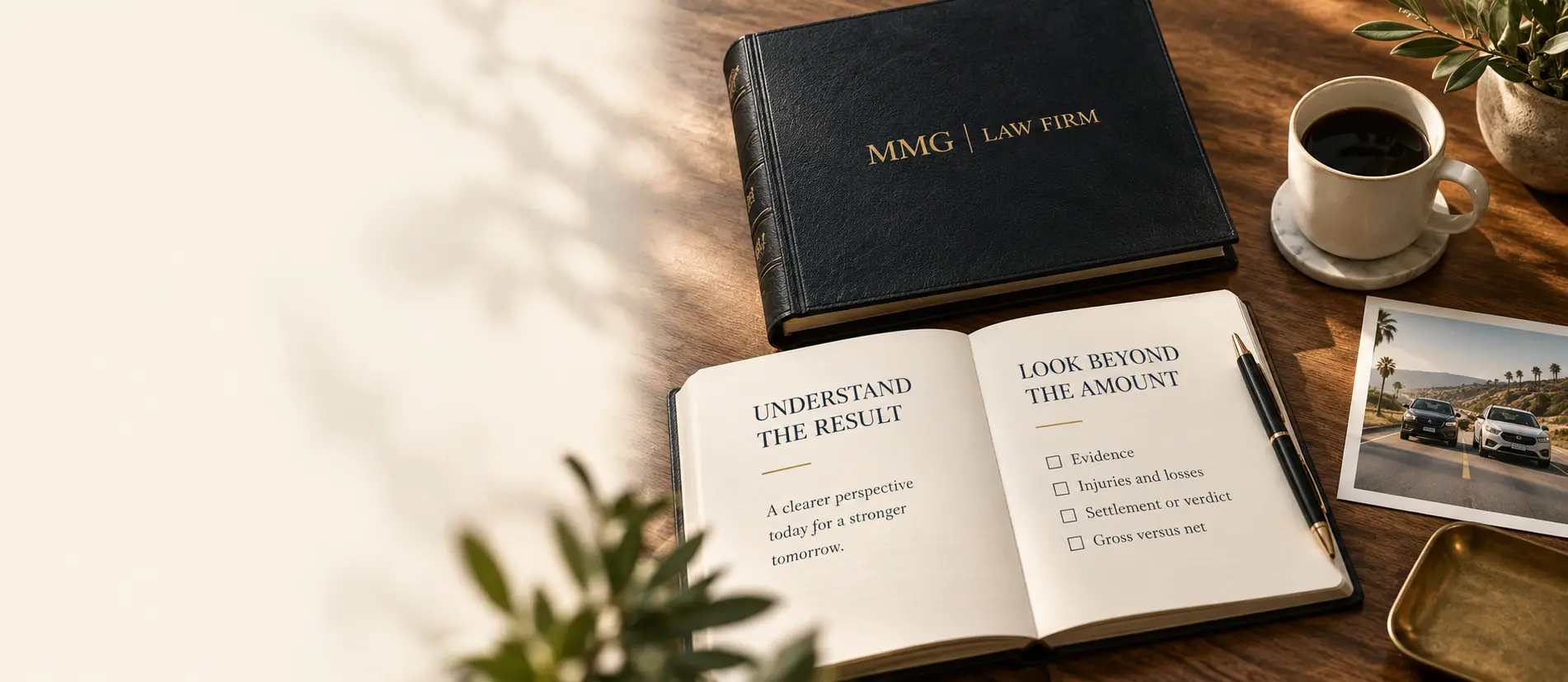 Open case-review notebook beside a dark book bearing the MMG Law Firm logo.