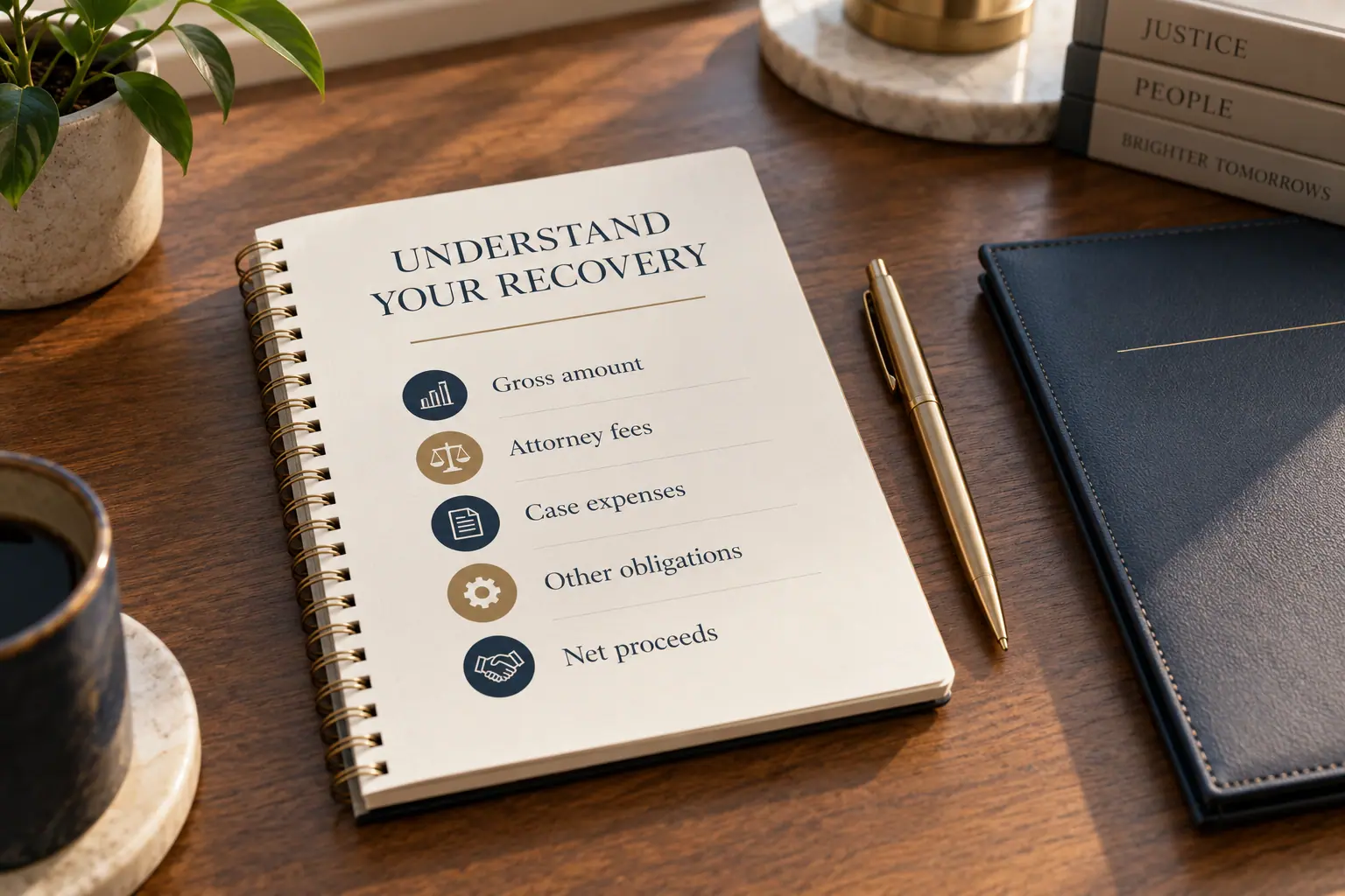 Notebook titled Understand your recovery, listing gross amount, attorney fees, case expenses, other obligations, and net proceeds.