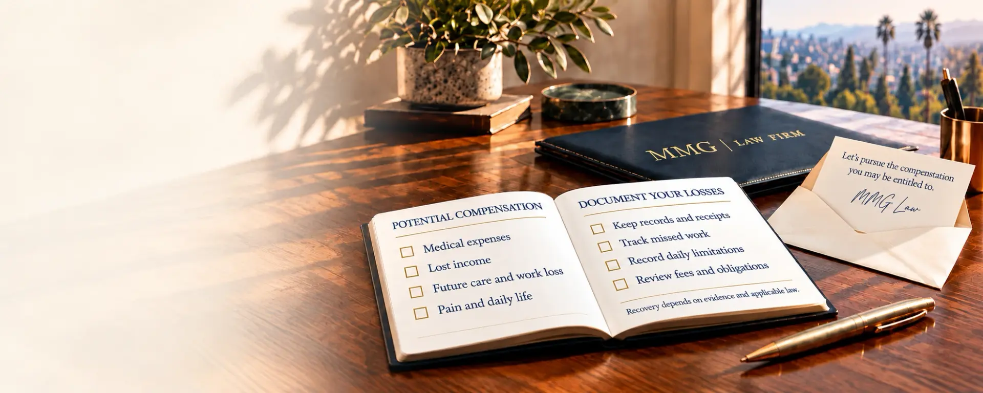 Open compensation checklist beside a dark book bearing the MMG Law Firm logo and a signed letter.