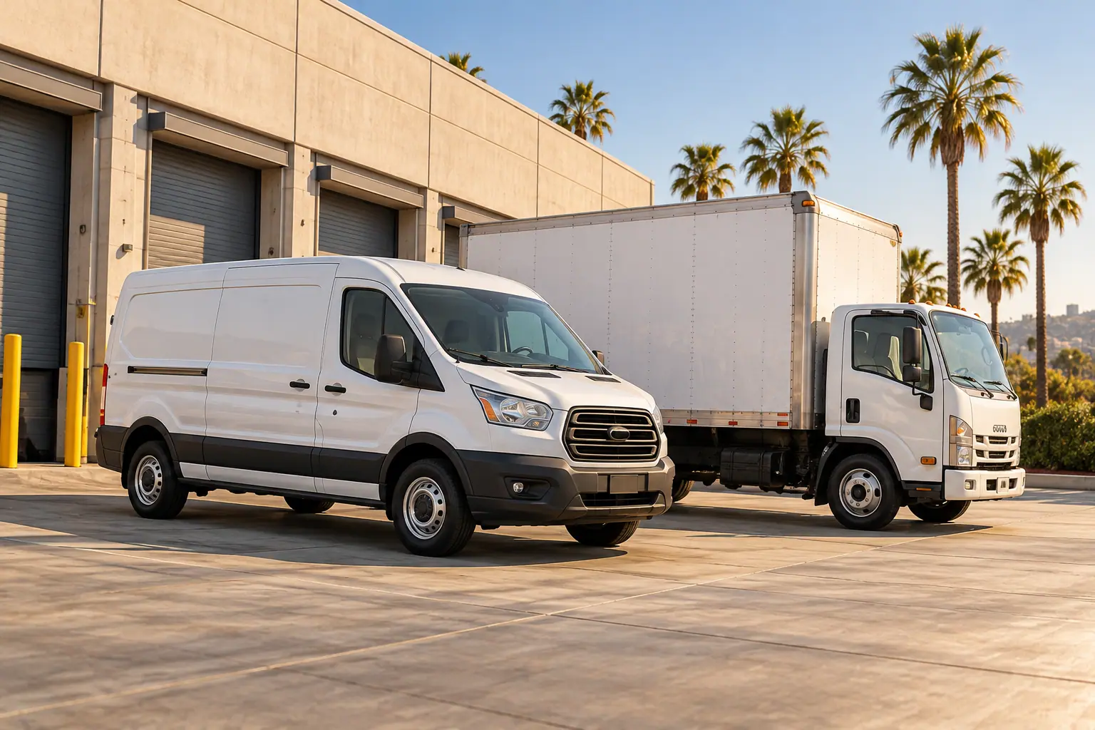 White delivery van and box truck parked at a loading dock with palm trees.