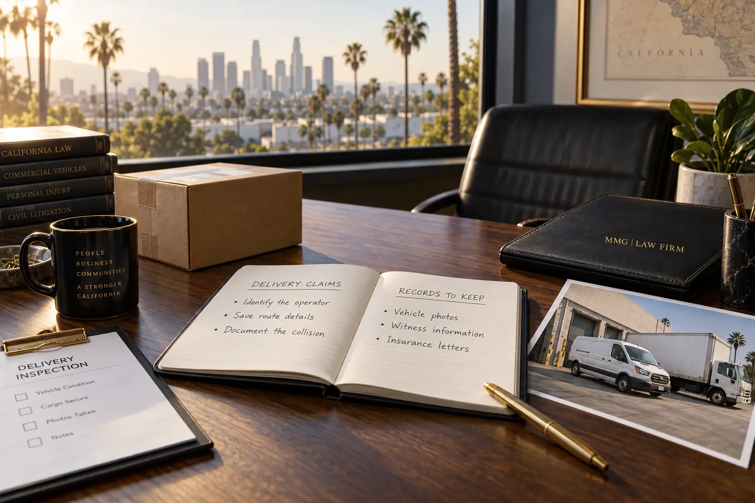 Delivery-claims notebook, delivery box and California law books beside a black MMG Law Firm folio, with the Los Angeles skyline beyond the window.
