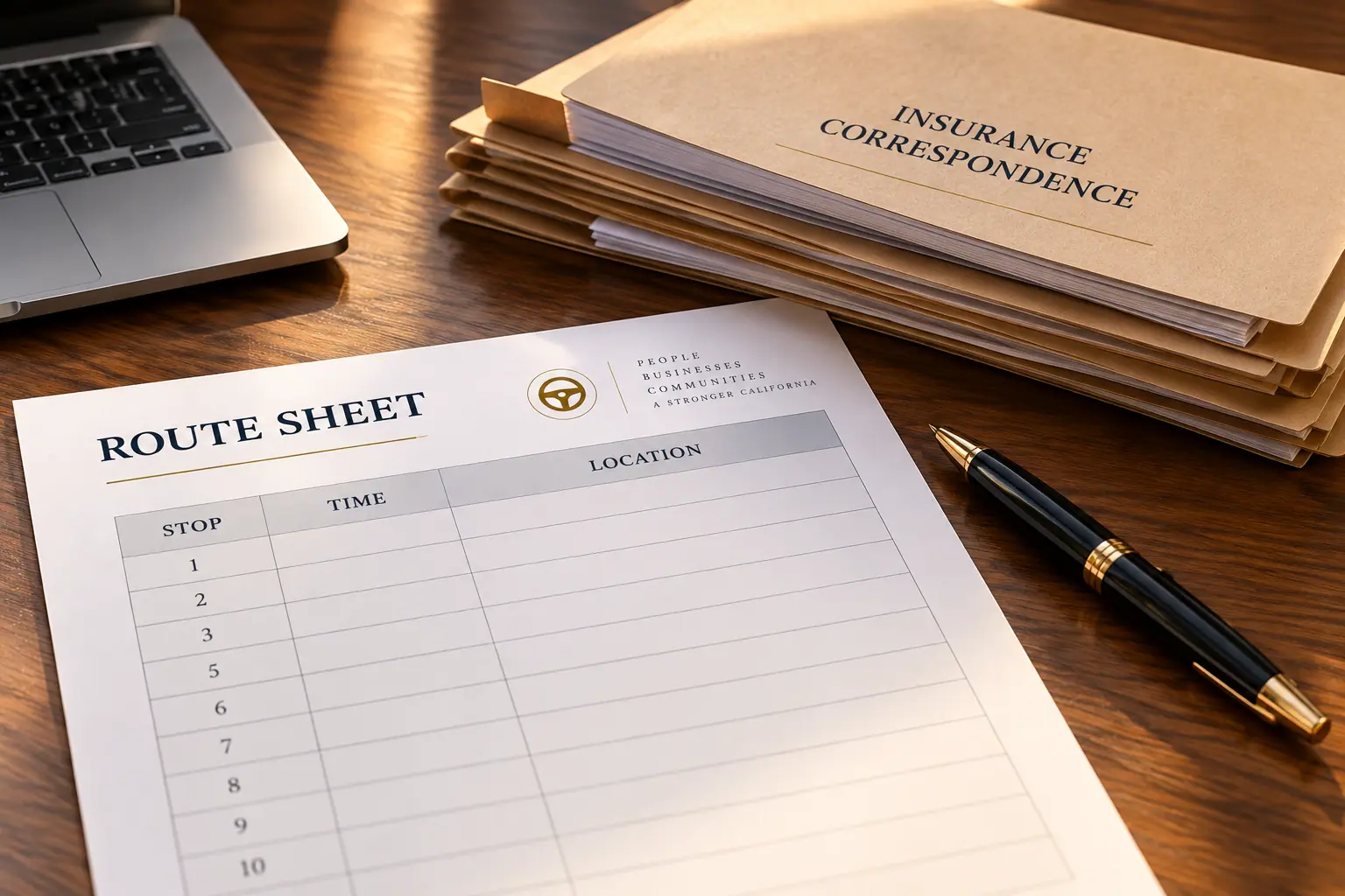 Route sheet and insurance correspondence folders on a desk.