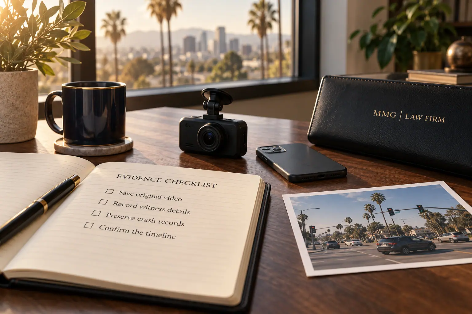 Evidence-checklist notebook, dashcam, phone and an intersection photograph beside a black MMG Law Firm folio.