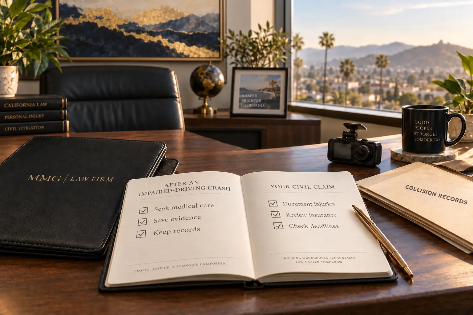 Civil-claim notebook, collision records and dashcam beside a black MMG Law Firm folio on a sunlit desk.