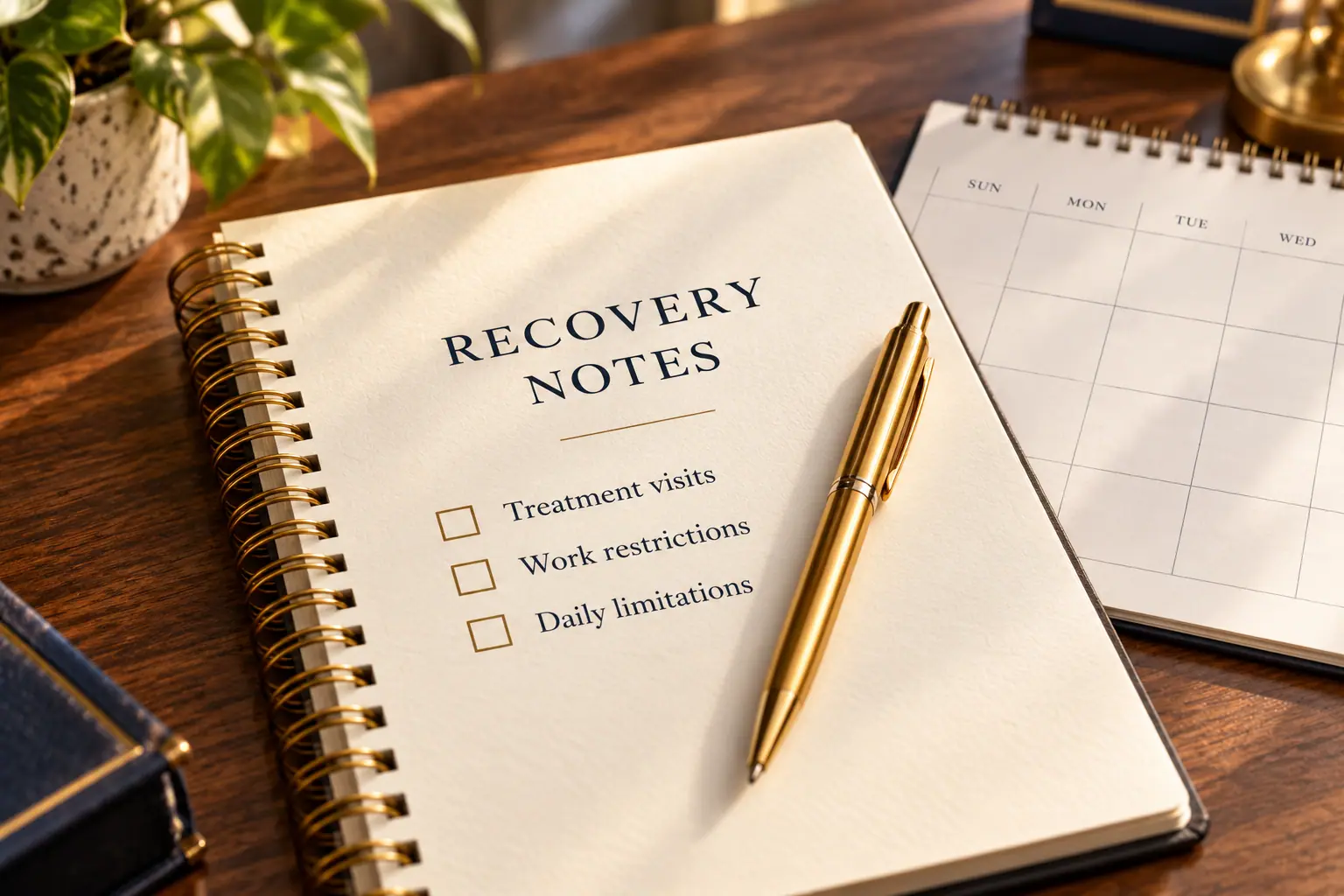 Recovery-notes notebook and pen beside a calendar with a physical therapy appointment.