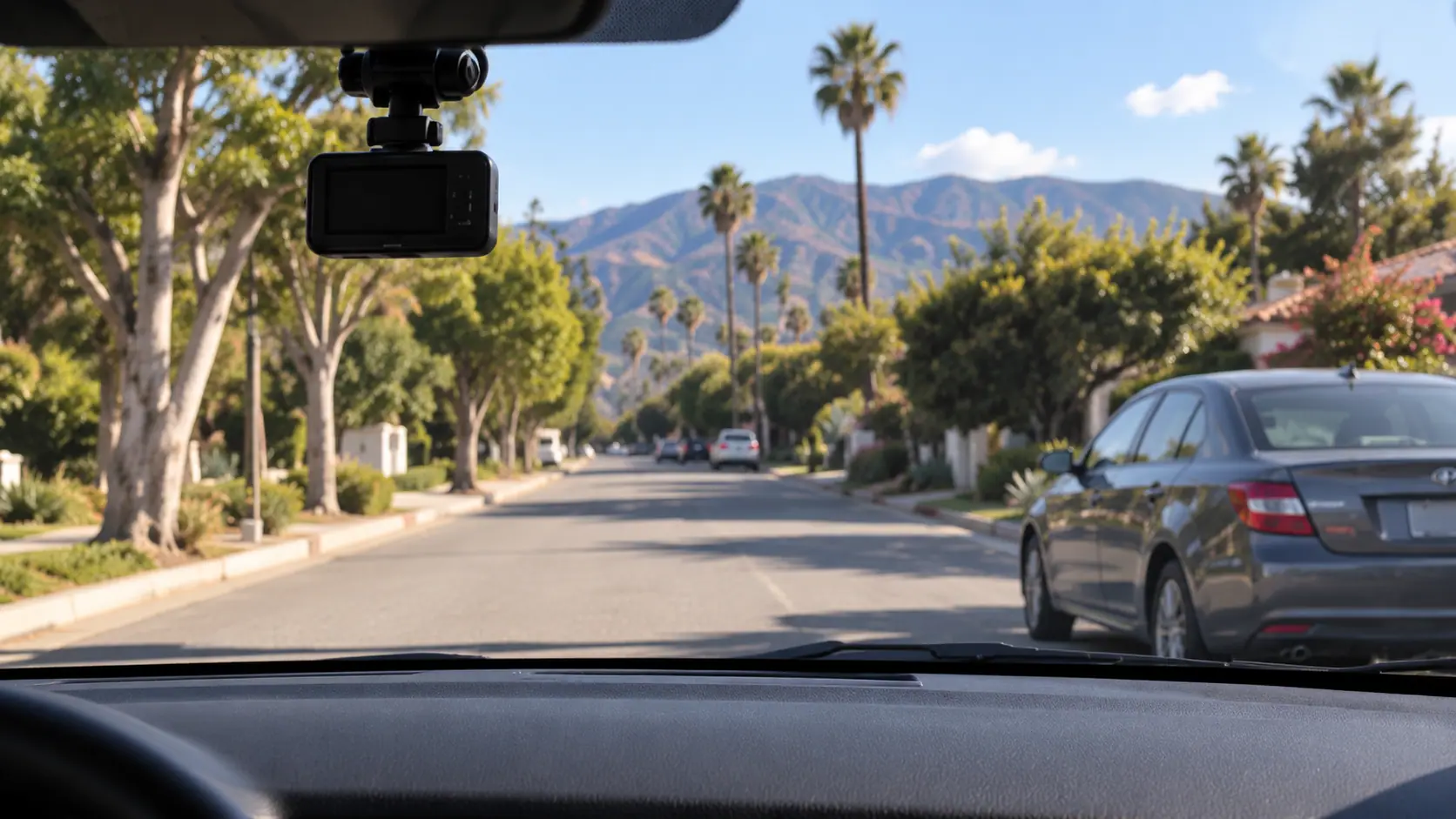 View through a windshield with a dashcam mounted, looking down a palm-lined California street toward the mountains.