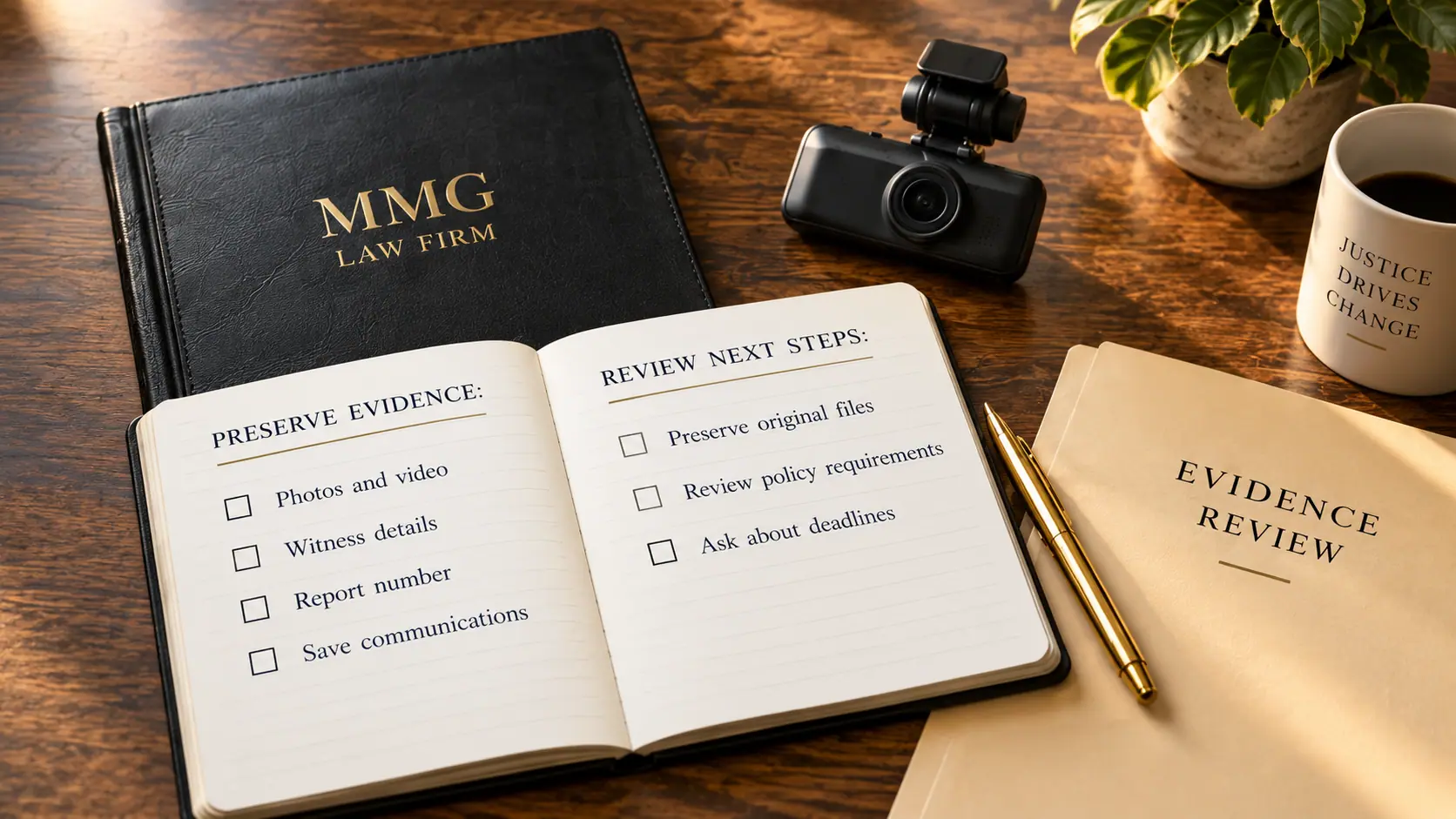 Open notebook with evidence and next-step checklists beside a black MMG Law Firm book, a dashcam, and an evidence review folder.
