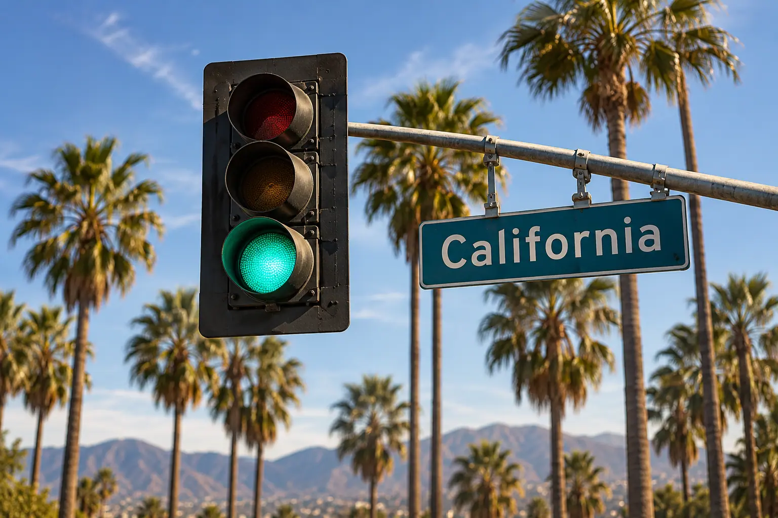 Green traffic signal beside a California street sign and palm trees.
