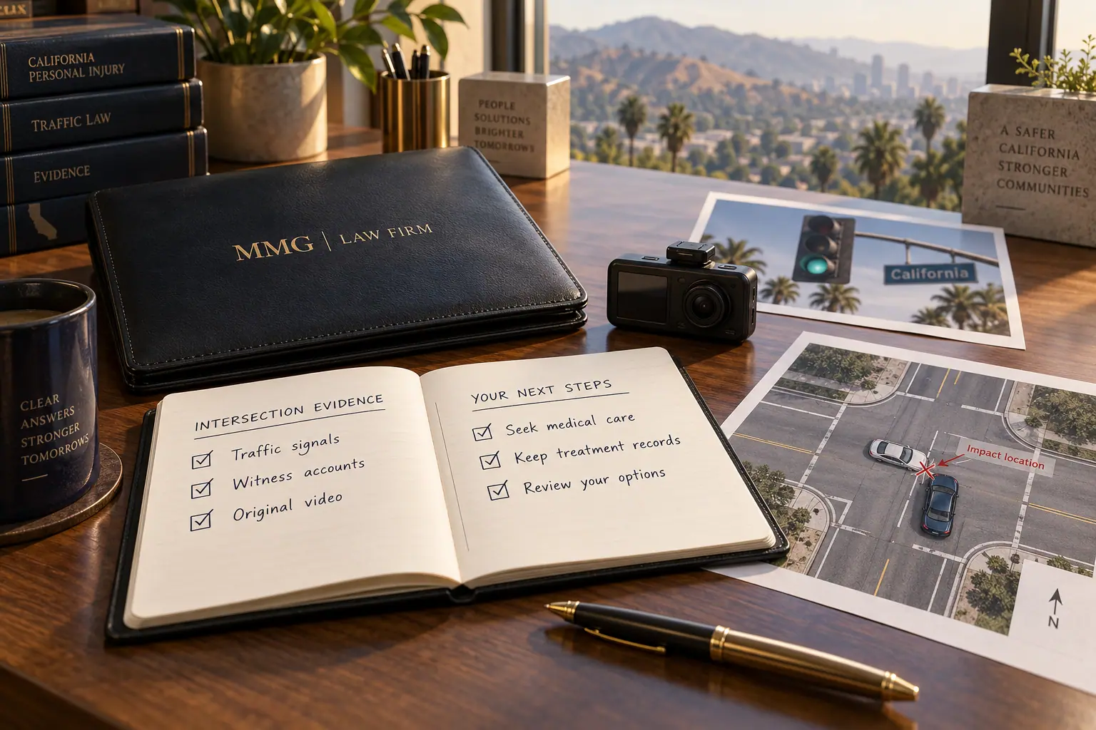 Intersection evidence notebook and diagram beside a black MMG Law Firm folio and camera.