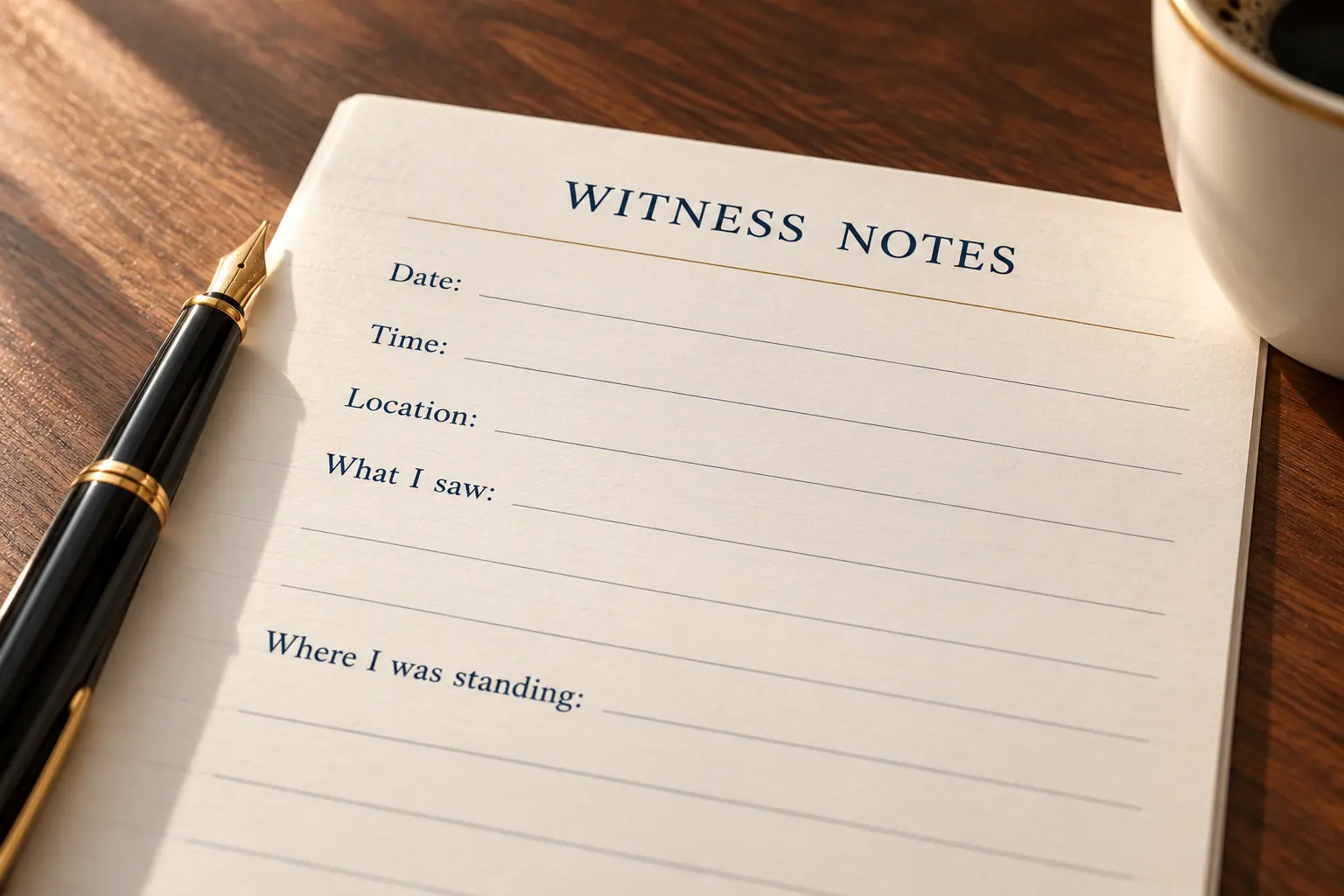 Witness-notes sheet with fields for date, time, location, observations, and viewing position.