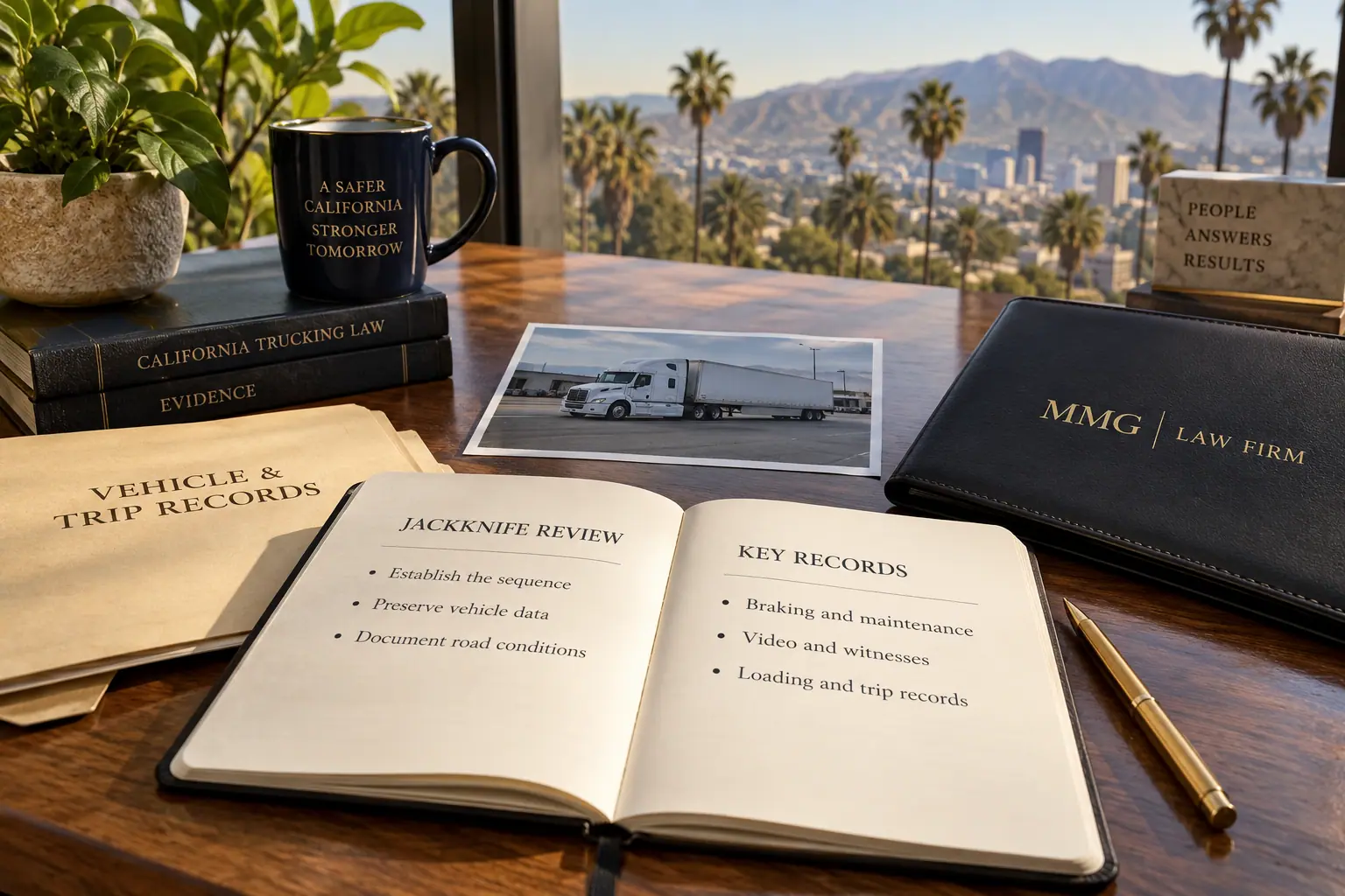 Jackknife review notebook and trip records beside a black MMG Law Firm folio.