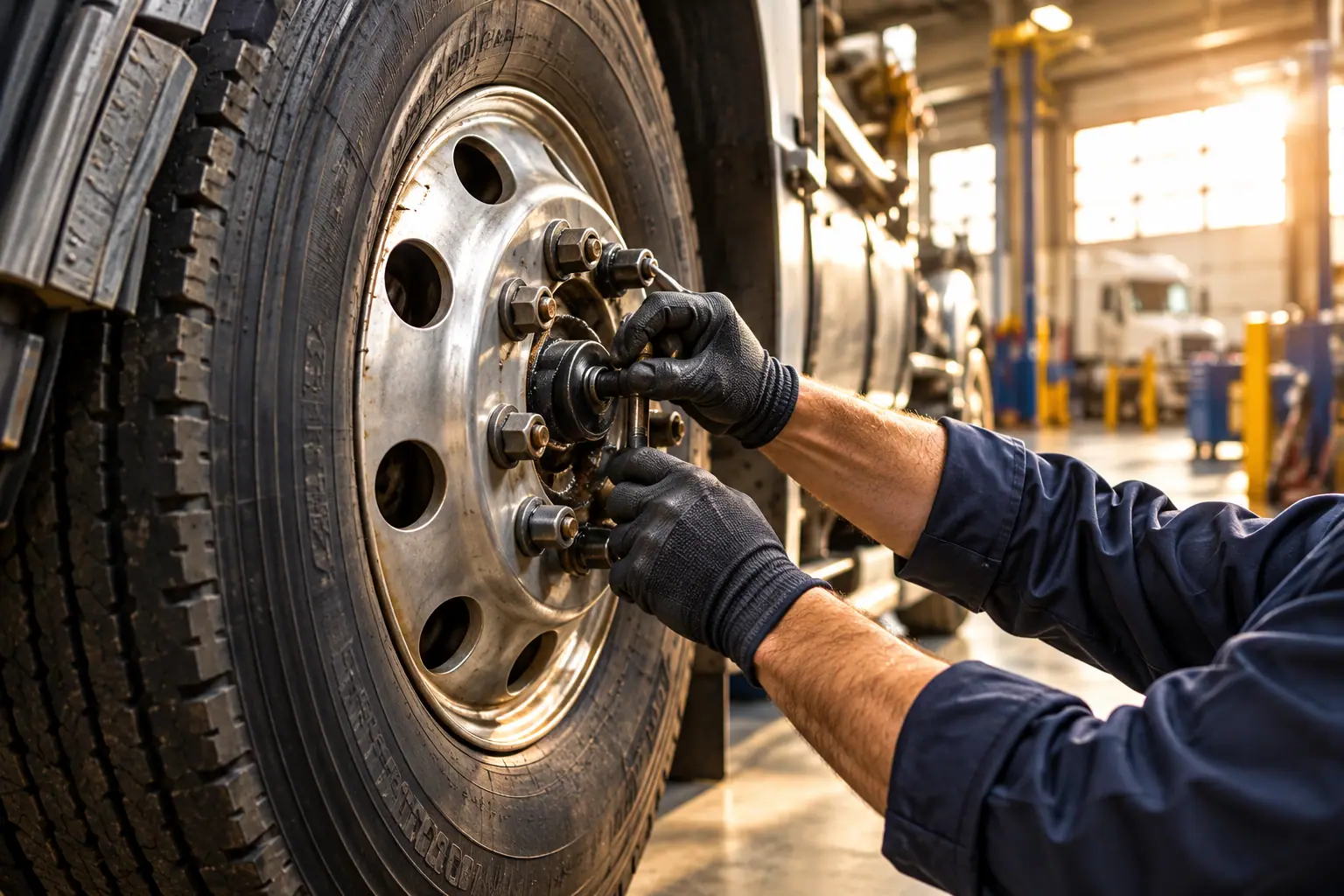 Technician inspecting a truck wheel in a workshop.