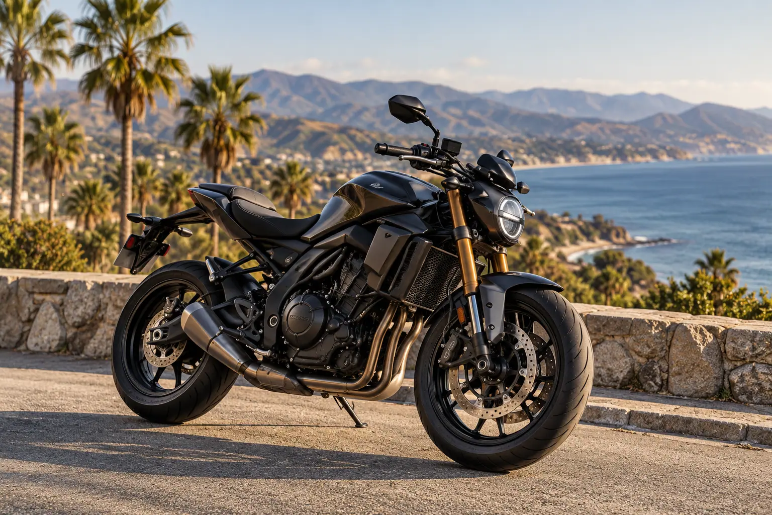 Black motorcycle parked at a California coastal overlook.