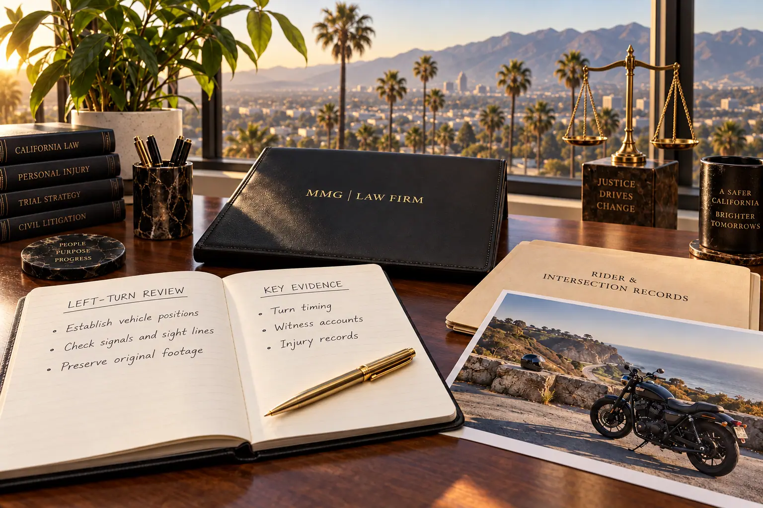 Left-turn evidence checklist and motorcycle photograph beside a black MMG Law Firm folio.
