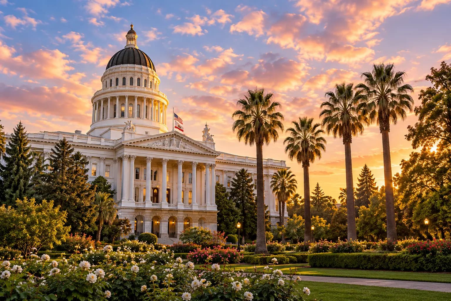 Illustration of the California State Capitol at sunset.