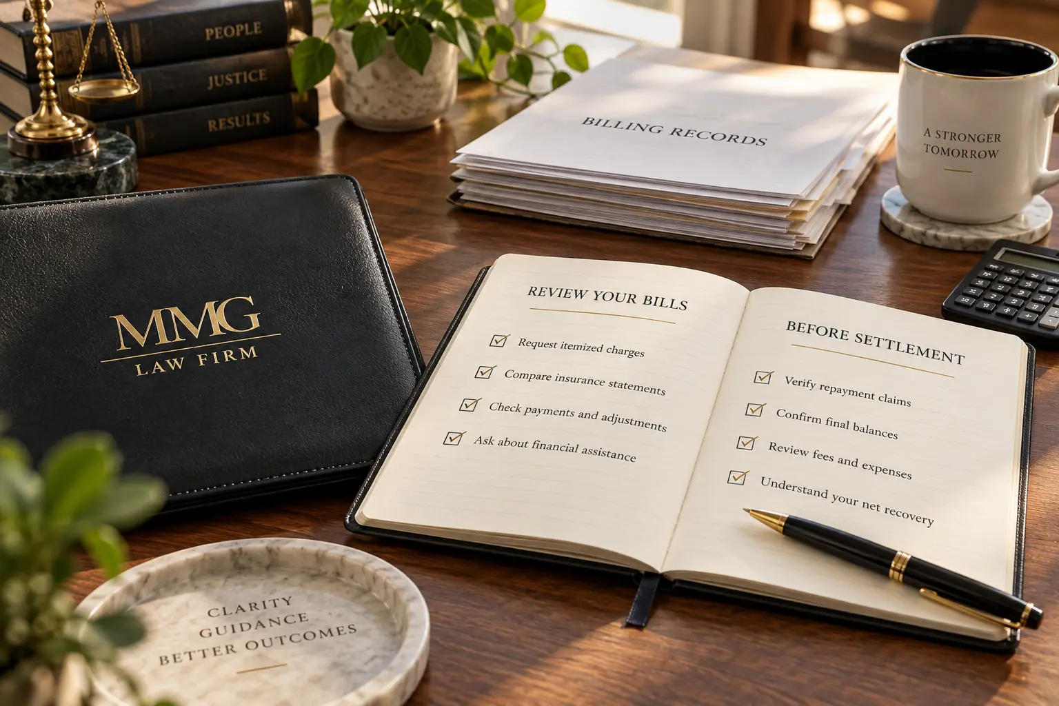 Open notebook with billing and settlement checklists beside a black MMG Law Firm folio.