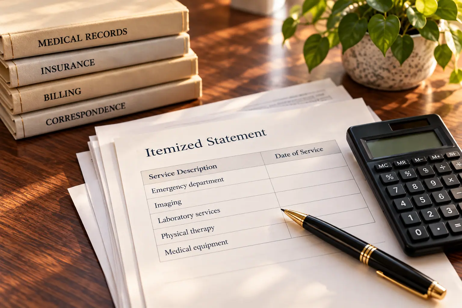 Itemized statement, calculator and organized billing folders on a wooden desk.