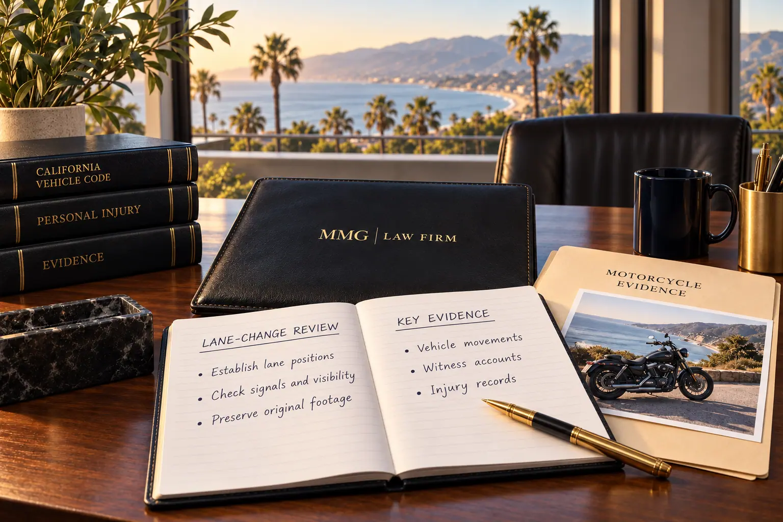 Lane-change evidence checklist and motorcycle photograph beside a black MMG Law Firm folio.