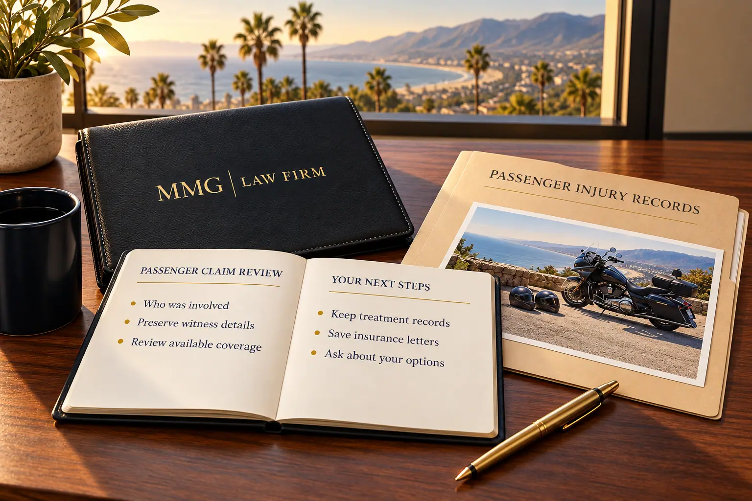 Passenger claim review notebook and motorcycle photograph beside a black MMG Law Firm folio.