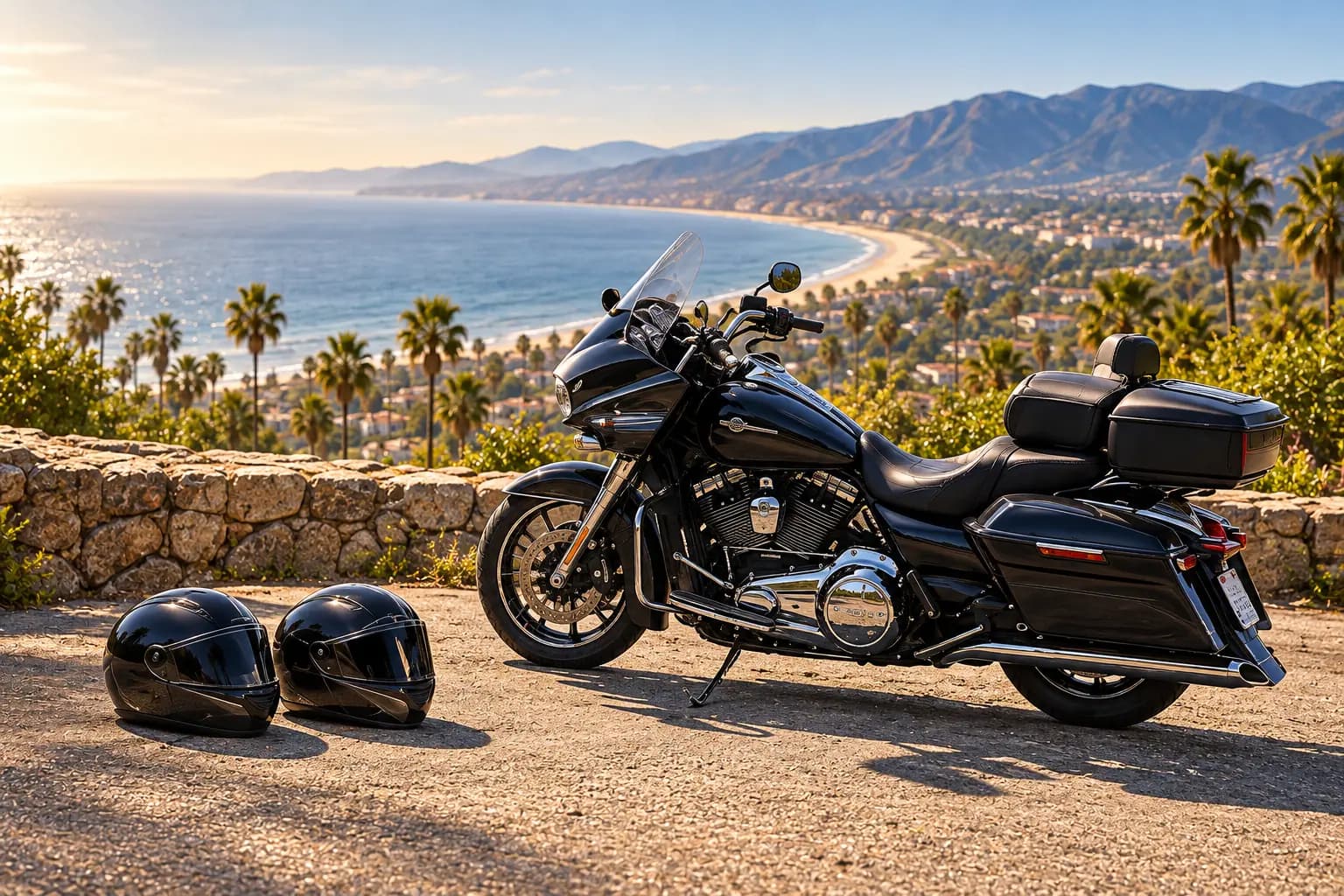 Touring motorcycle with two helmets parked at a California coastal overlook.