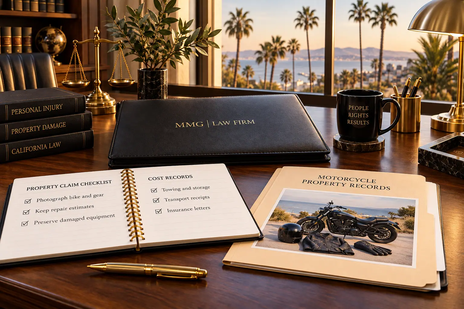 Property claim checklist and motorcycle property records beside a black MMG Law Firm folio.