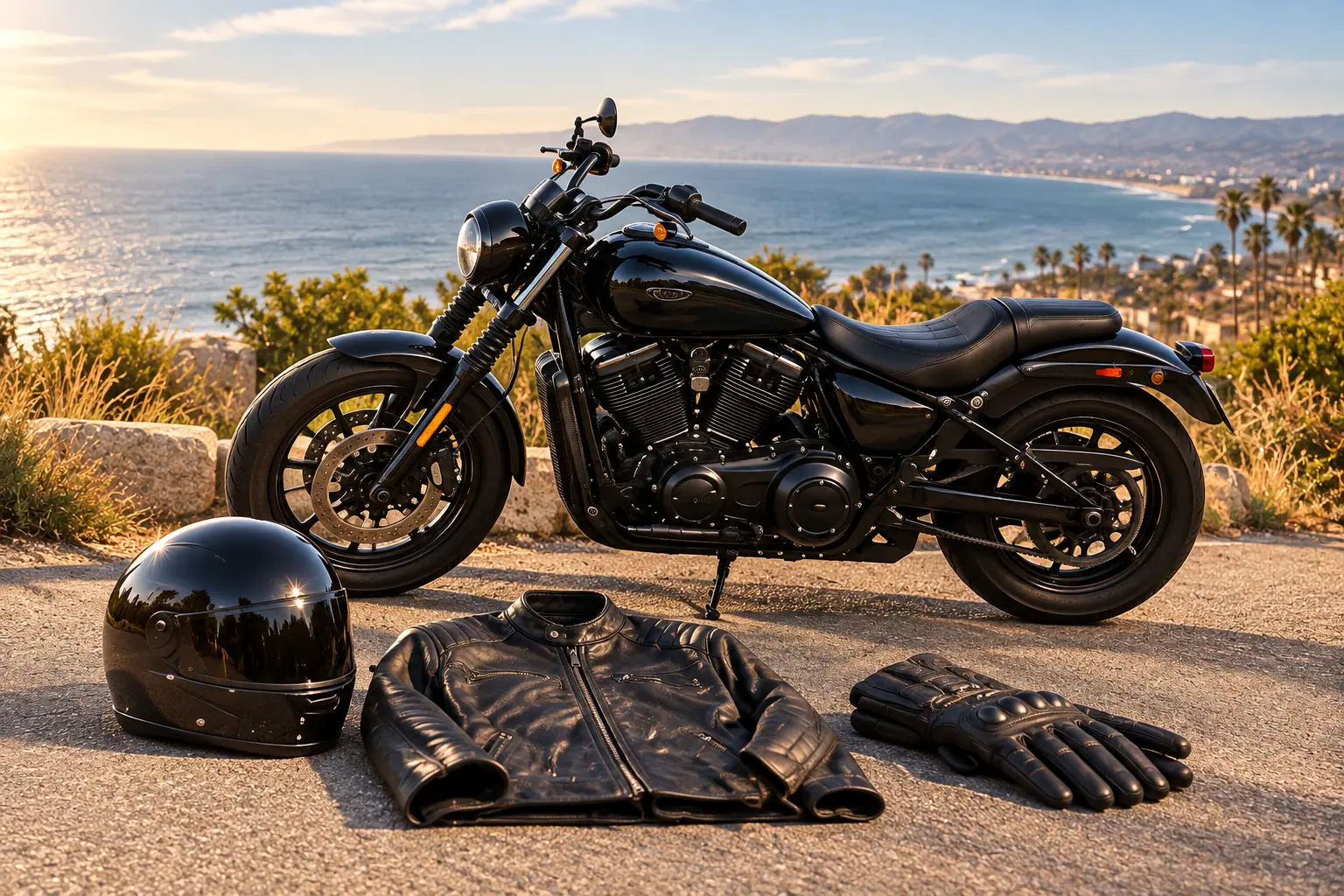 Black motorcycle with a helmet, leather jacket and gloves at a coastal overlook.