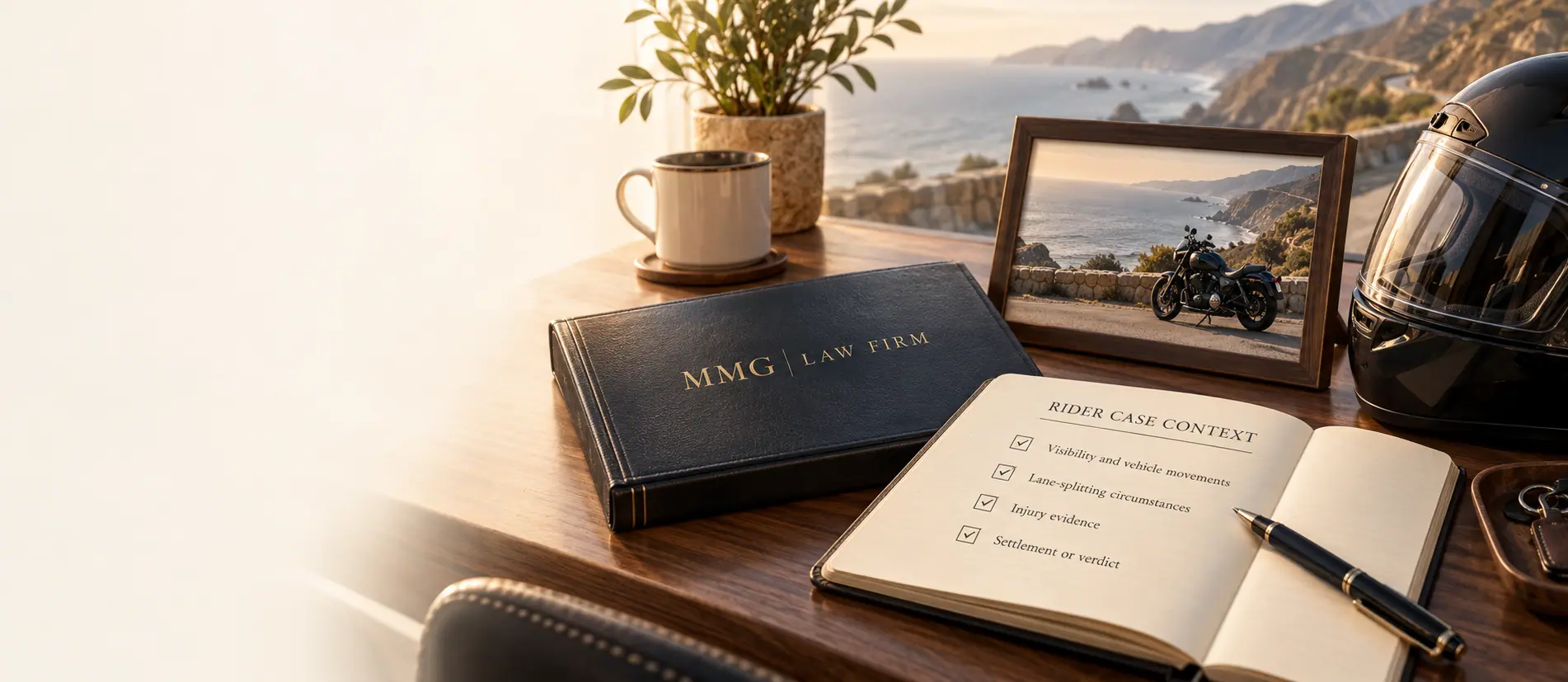 Rider case-context notebook beside a dark book bearing the MMG Law Firm logo, a framed coastal motorcycle photo, and a helmet.