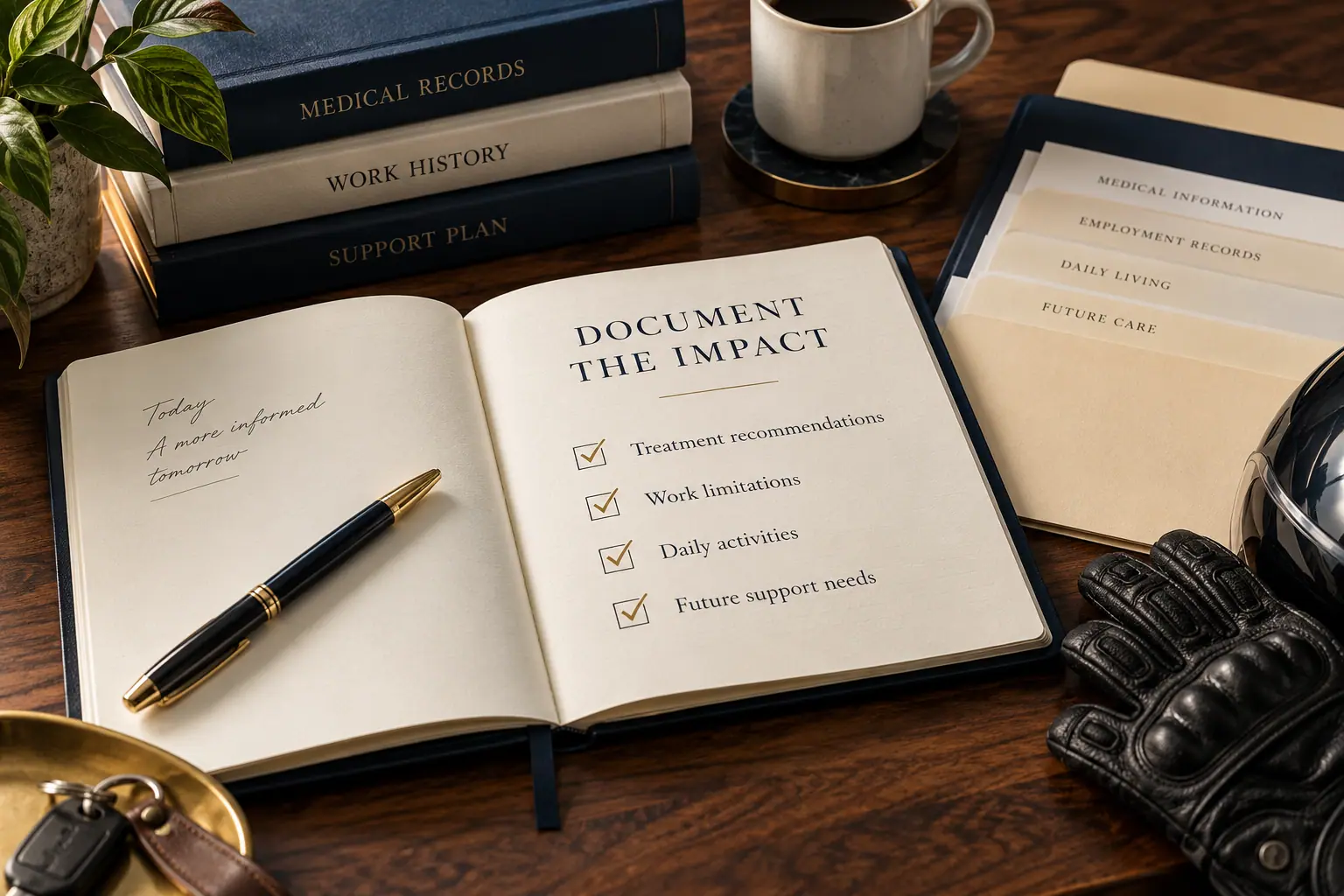 Open notebook titled Document the impact beside medical records, work history, and a riding glove.
