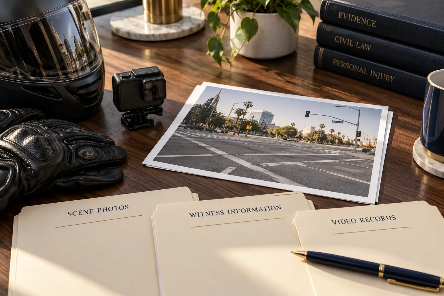 Helmet, gloves, and a helmet camera beside scene photos, witness information, and video records on a desk.