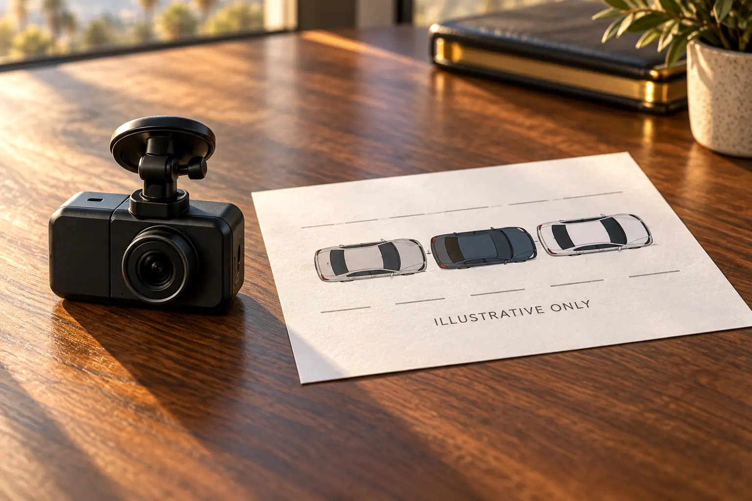 Dash camera beside an illustrative diagram of three vehicles on a desk.