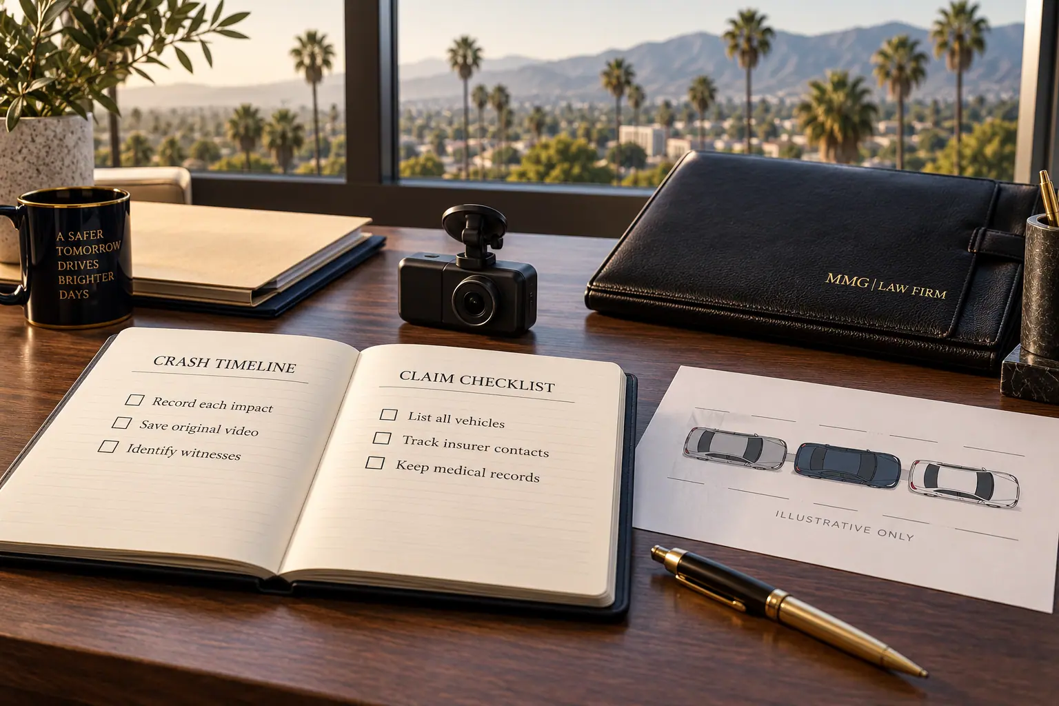 Crash timeline and claim checklist beside a black MMG Law Firm folio and an illustrative three-vehicle diagram.