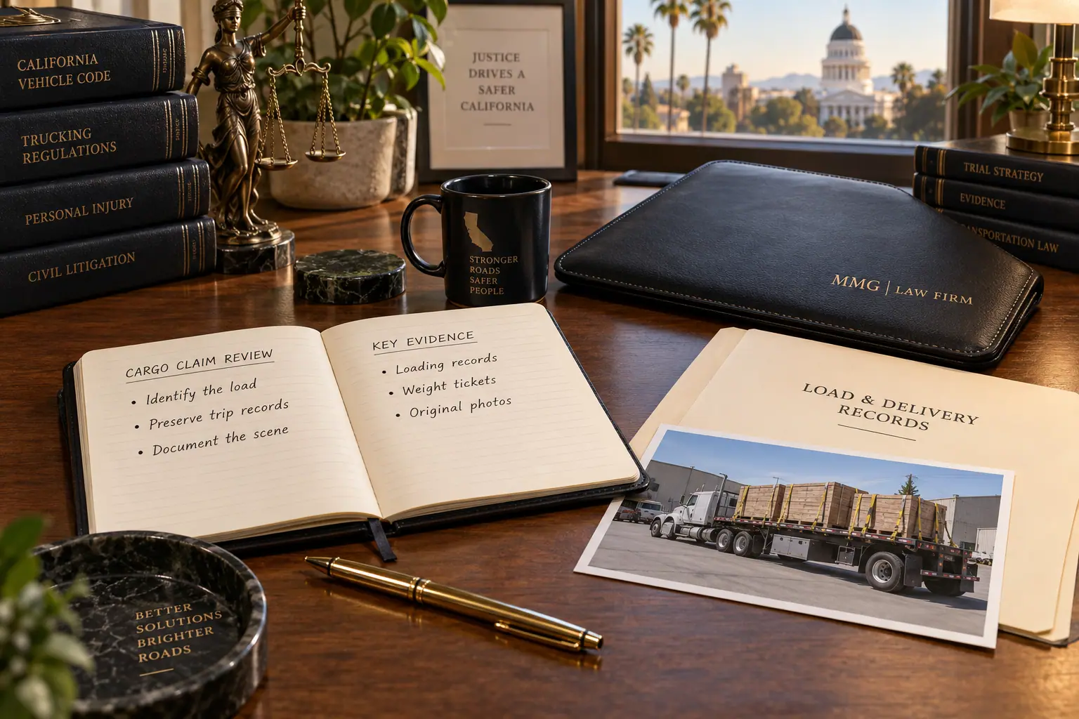 Cargo claim notebook and loading records beside a black MMG Law Firm folio.