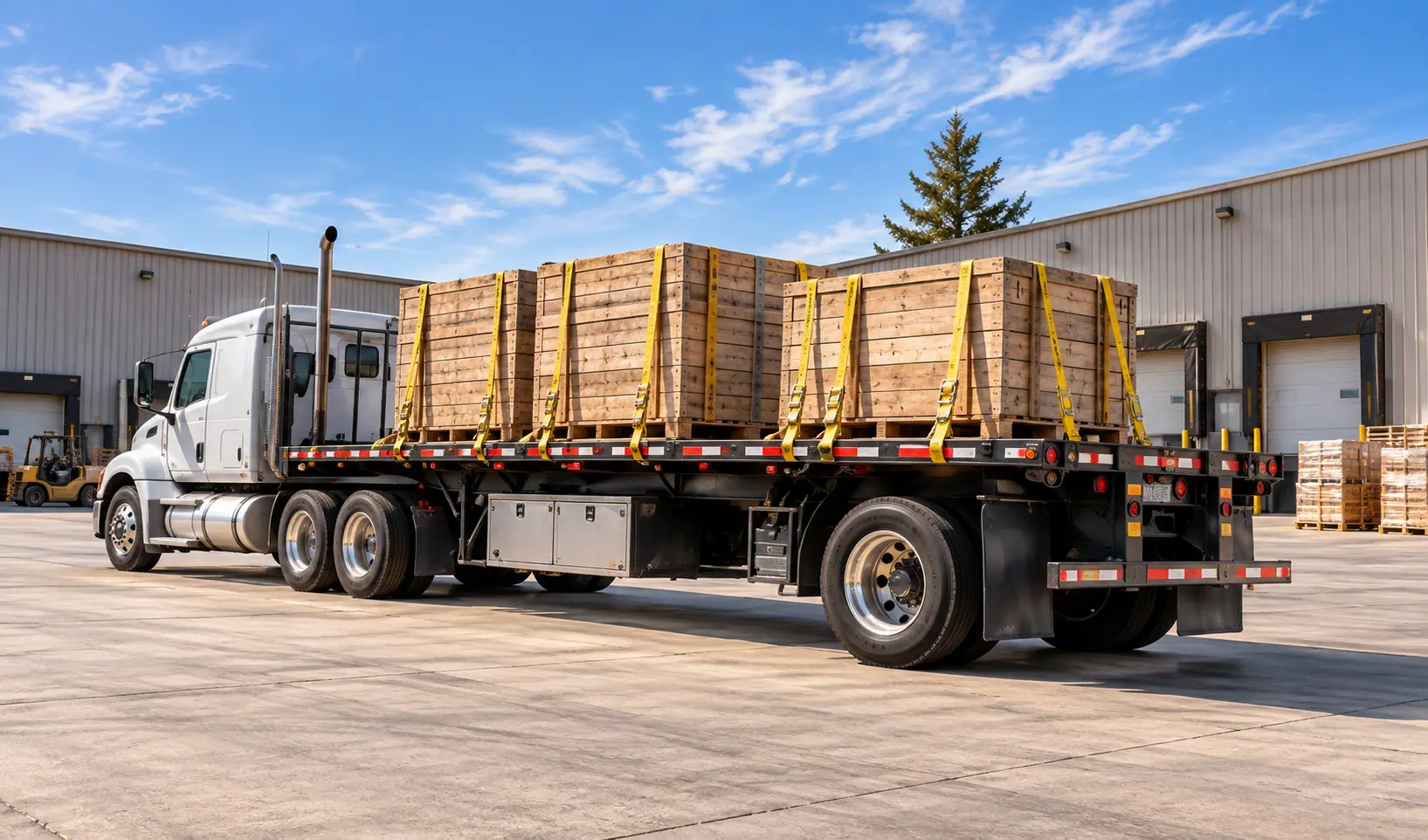 Flatbed truck carrying wooden shipping crates in a loading yard.