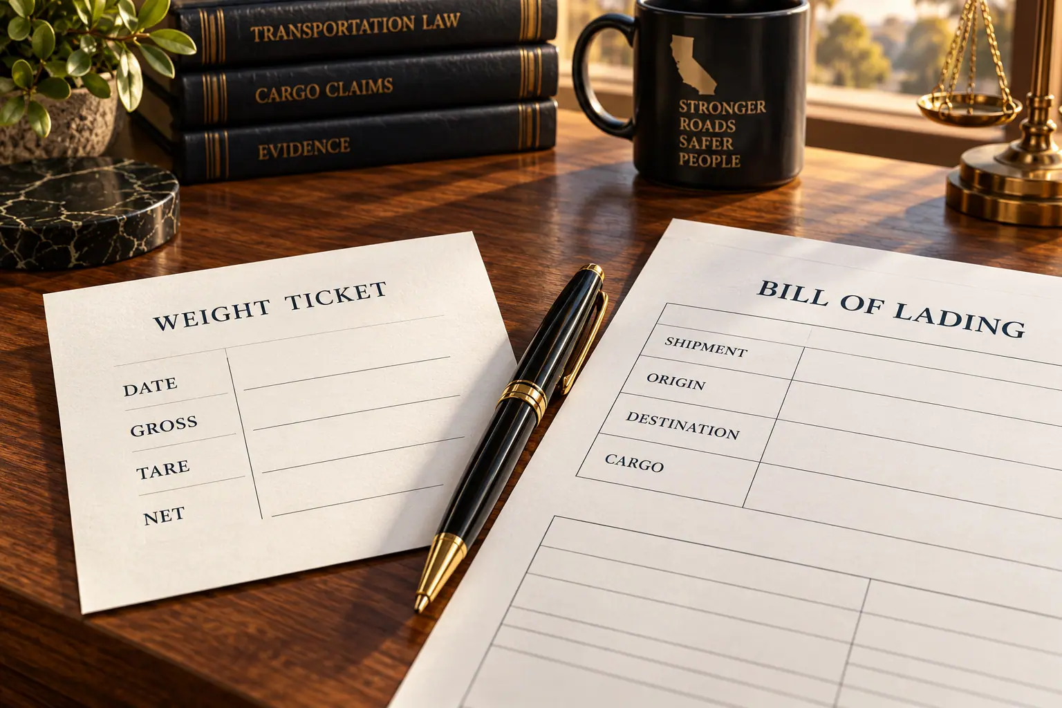 Weight ticket and bill of lading on a desk.