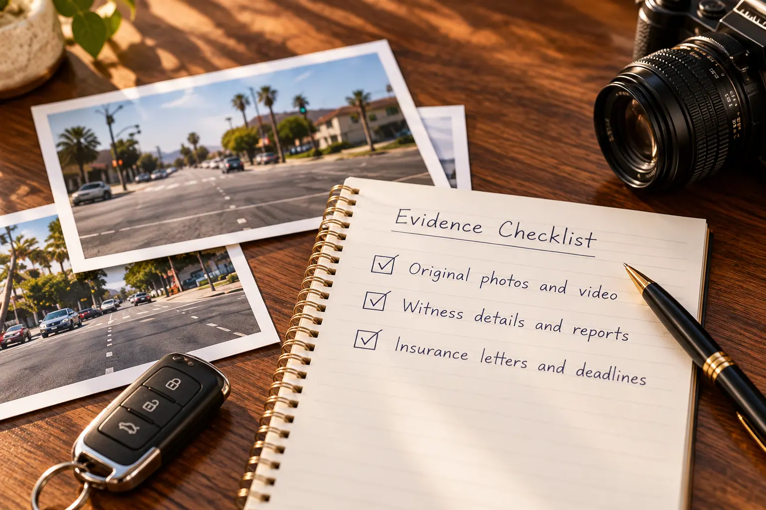 Road photographs, camera and a handwritten evidence checklist on a wooden desk.