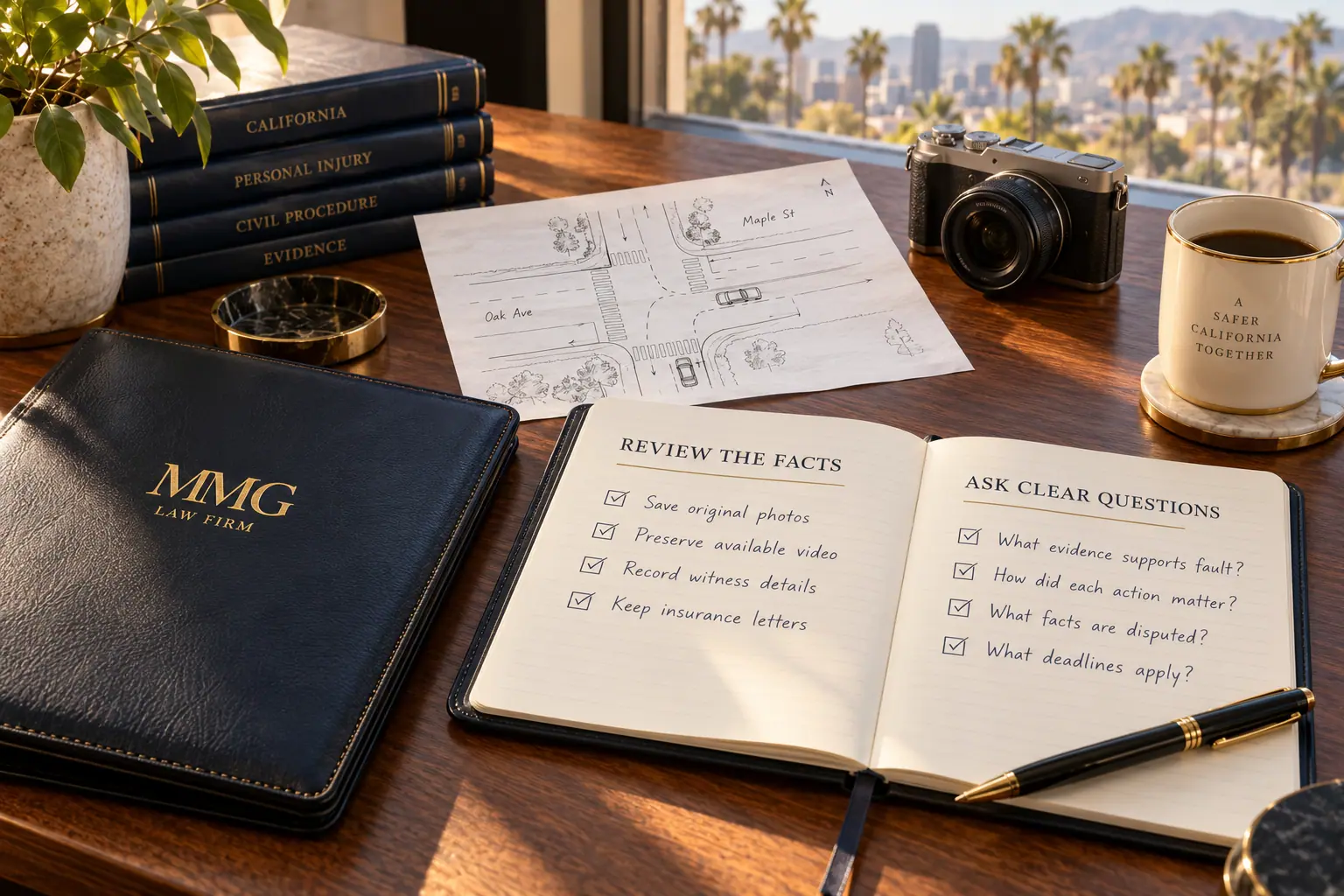 Evidence-review notebook and road sketch beside a black MMG Law Firm folio.