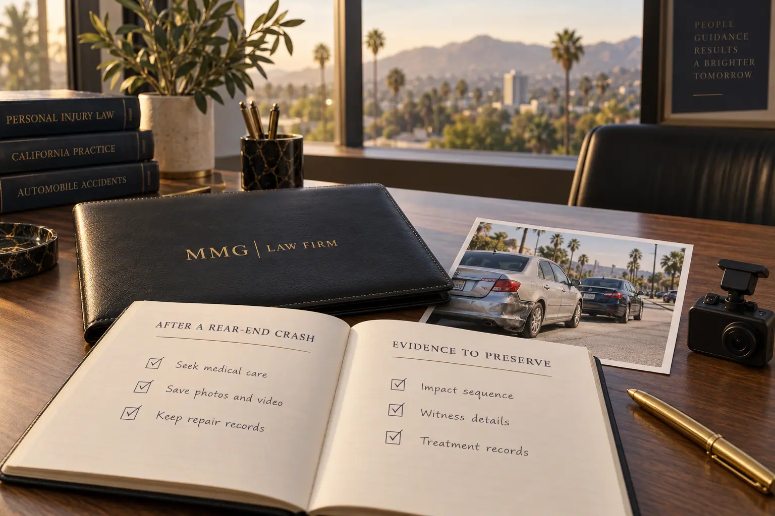 Rear-end evidence notebook, dashcam and accident photograph beside a black MMG Law Firm folio.
