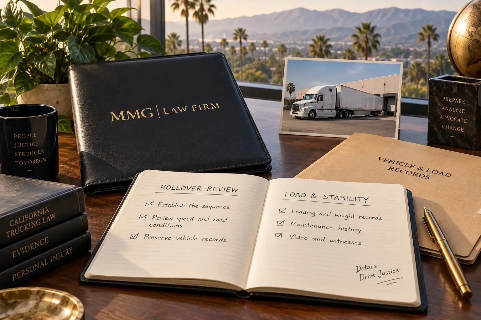 Rollover review notebook and load records beside a black MMG Law Firm folio.