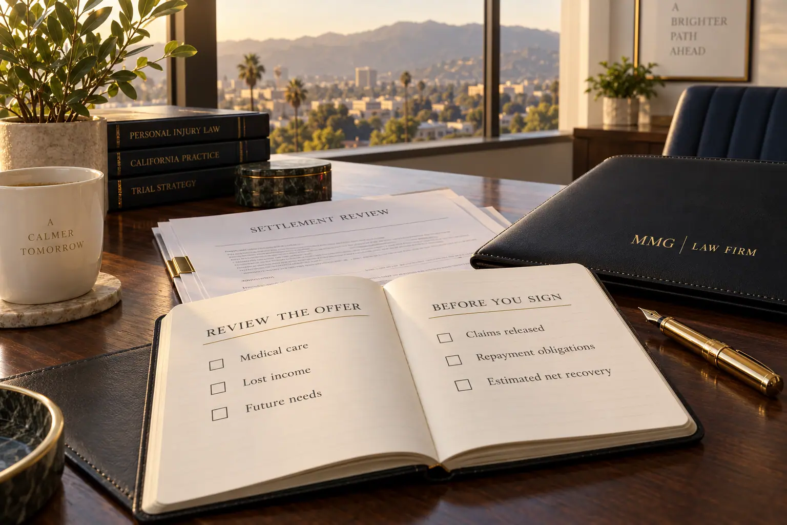 Open settlement-review notebook beside a black MMG Law Firm folio on a sunlit desk.