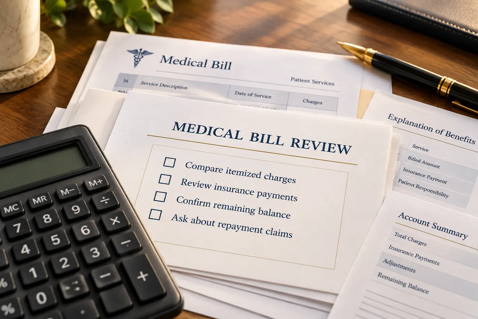 Calculator and billing records with a checklist for reviewing charges, insurance payments, and remaining balances.
