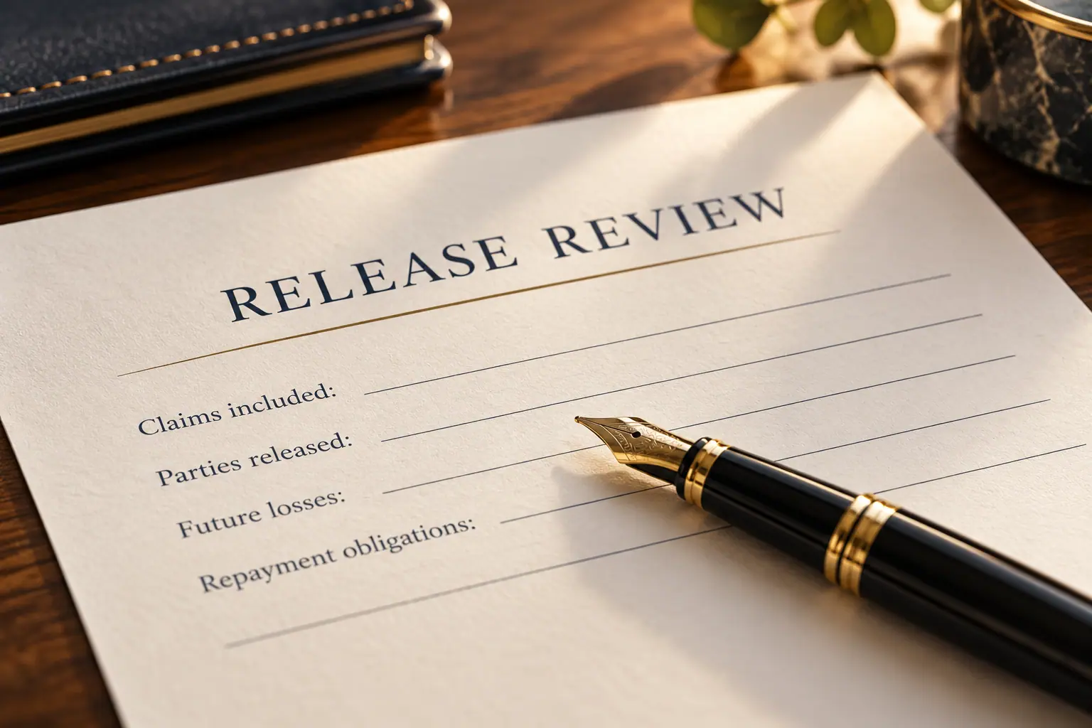 Fountain pen beside a checklist of claims, released parties, future losses, and repayment obligations.