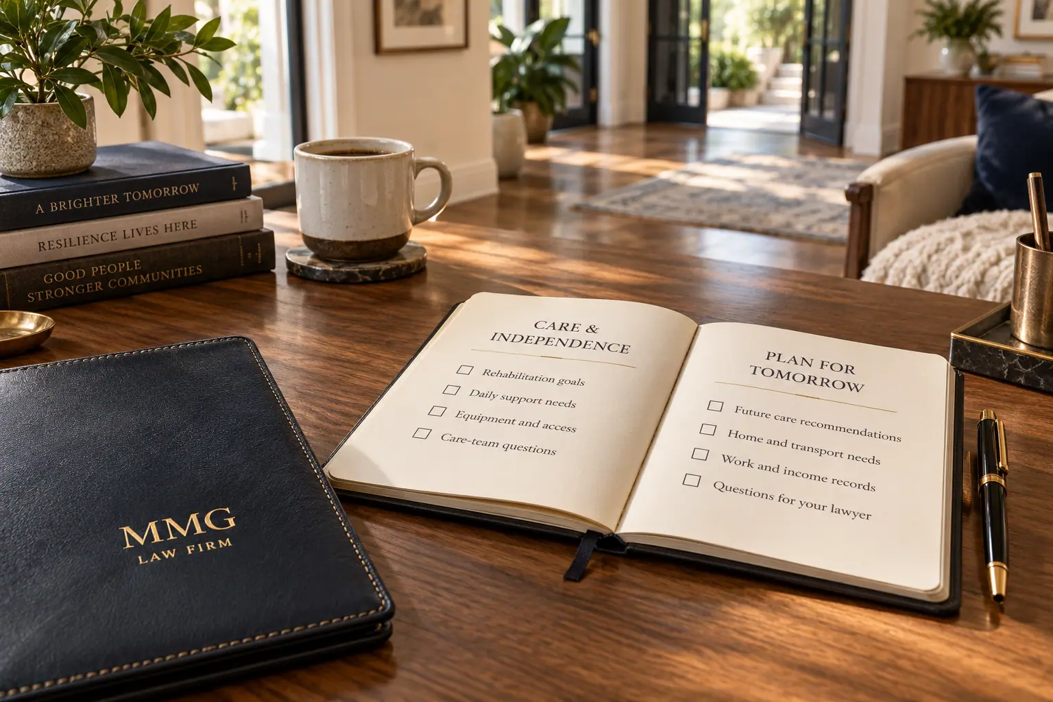 Open notebook with care and future-planning checklists beside a black MMG Law Firm folio.
