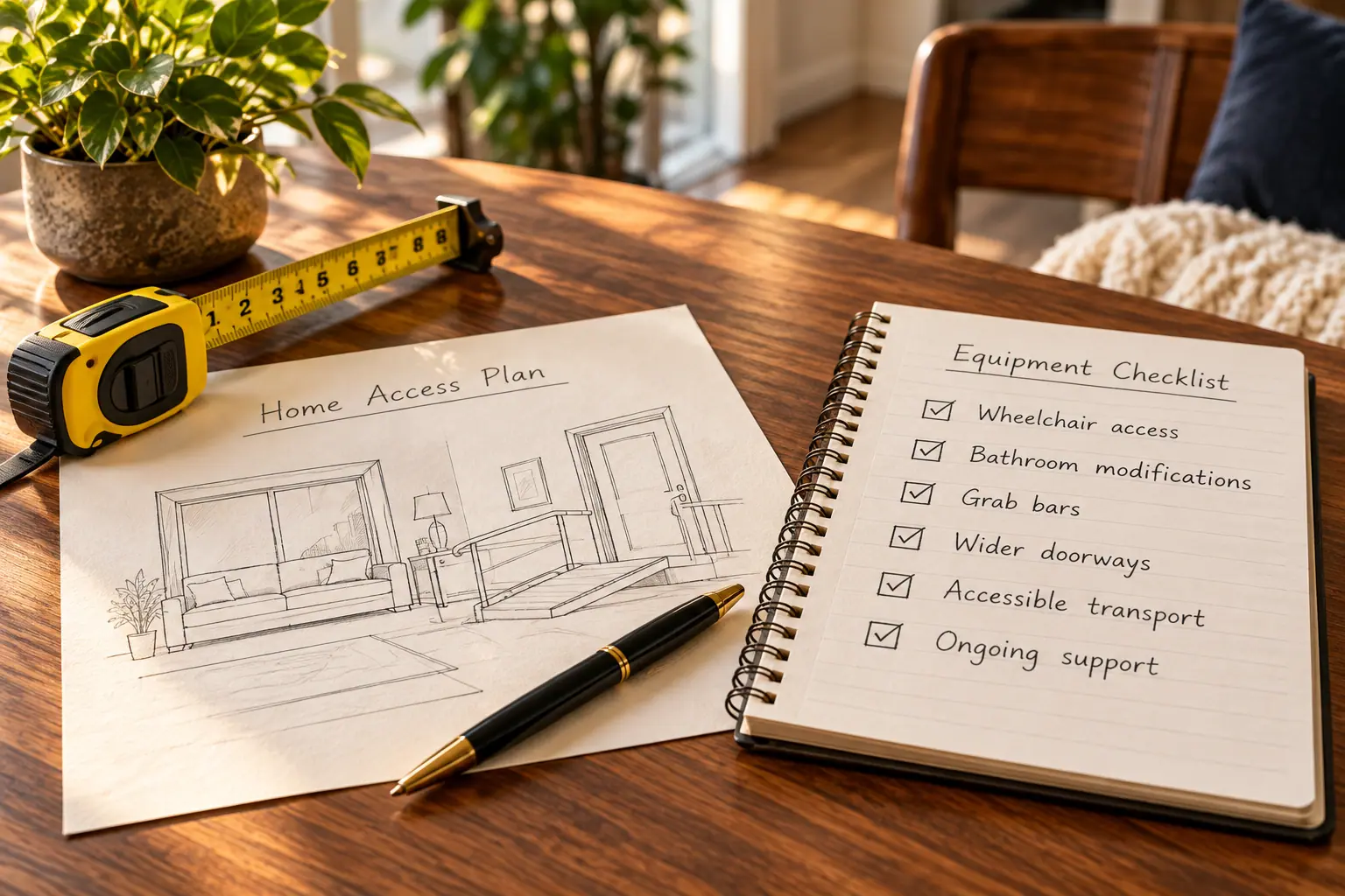 Home access sketch, tape measure and equipment checklist on a wooden table.