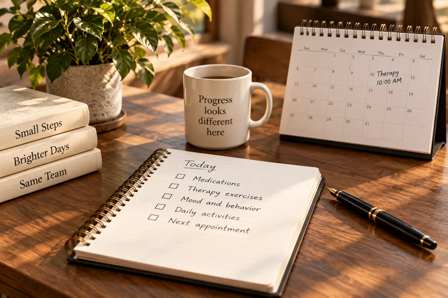 Daily observation checklist, appointment calendar and pen on a wooden desk.
