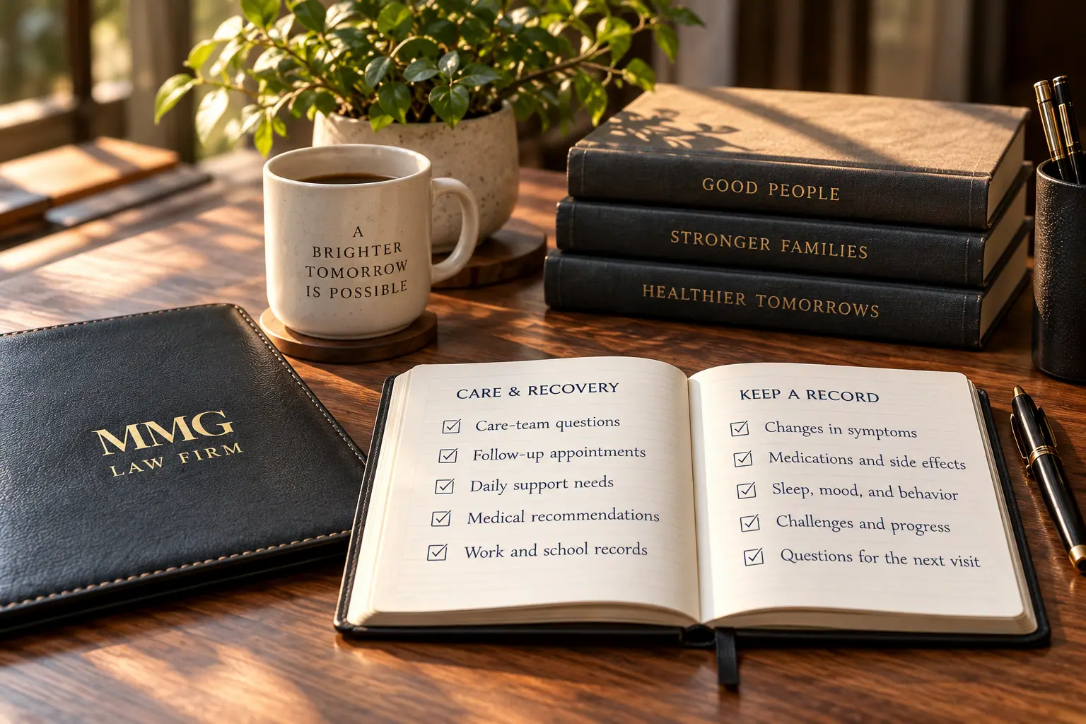 Open care and recovery notebook beside a black MMG Law Firm folio on a sunlit desk.