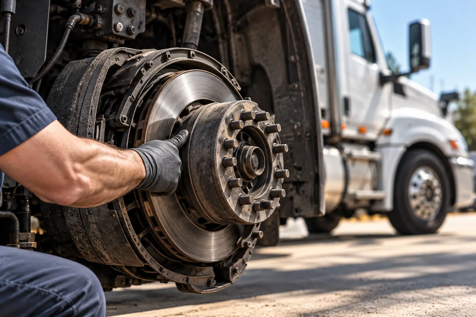 Technician inspecting a truck brake assembly.