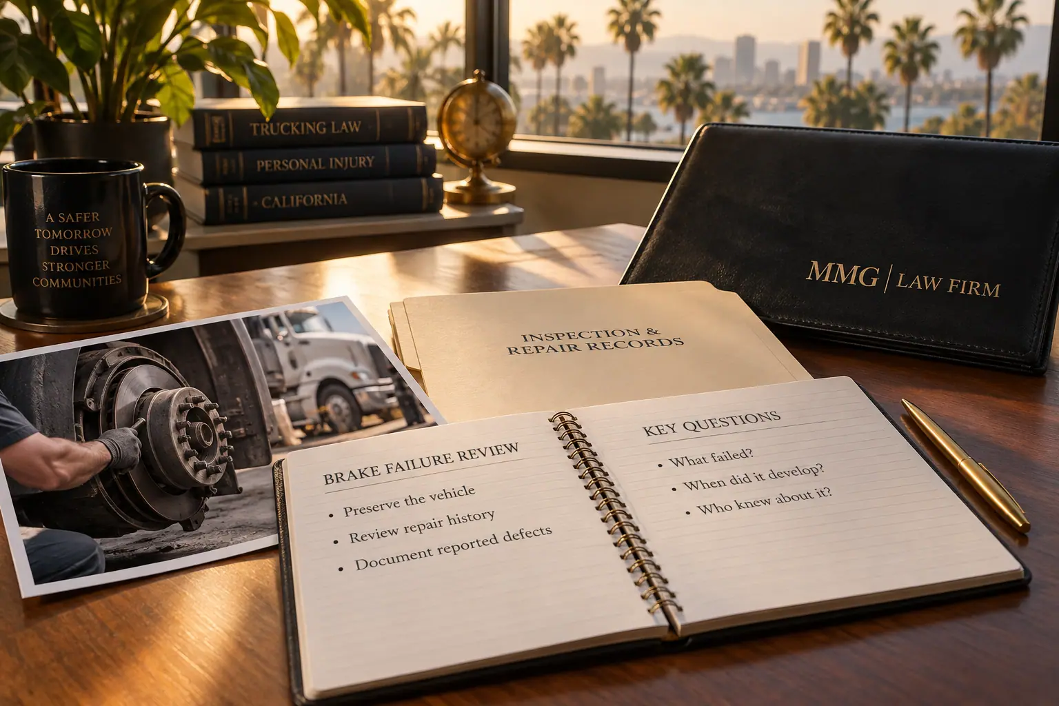 Brake-failure review notebook, inspection and repair records and a brake photograph beside a black MMG Law Firm folio.