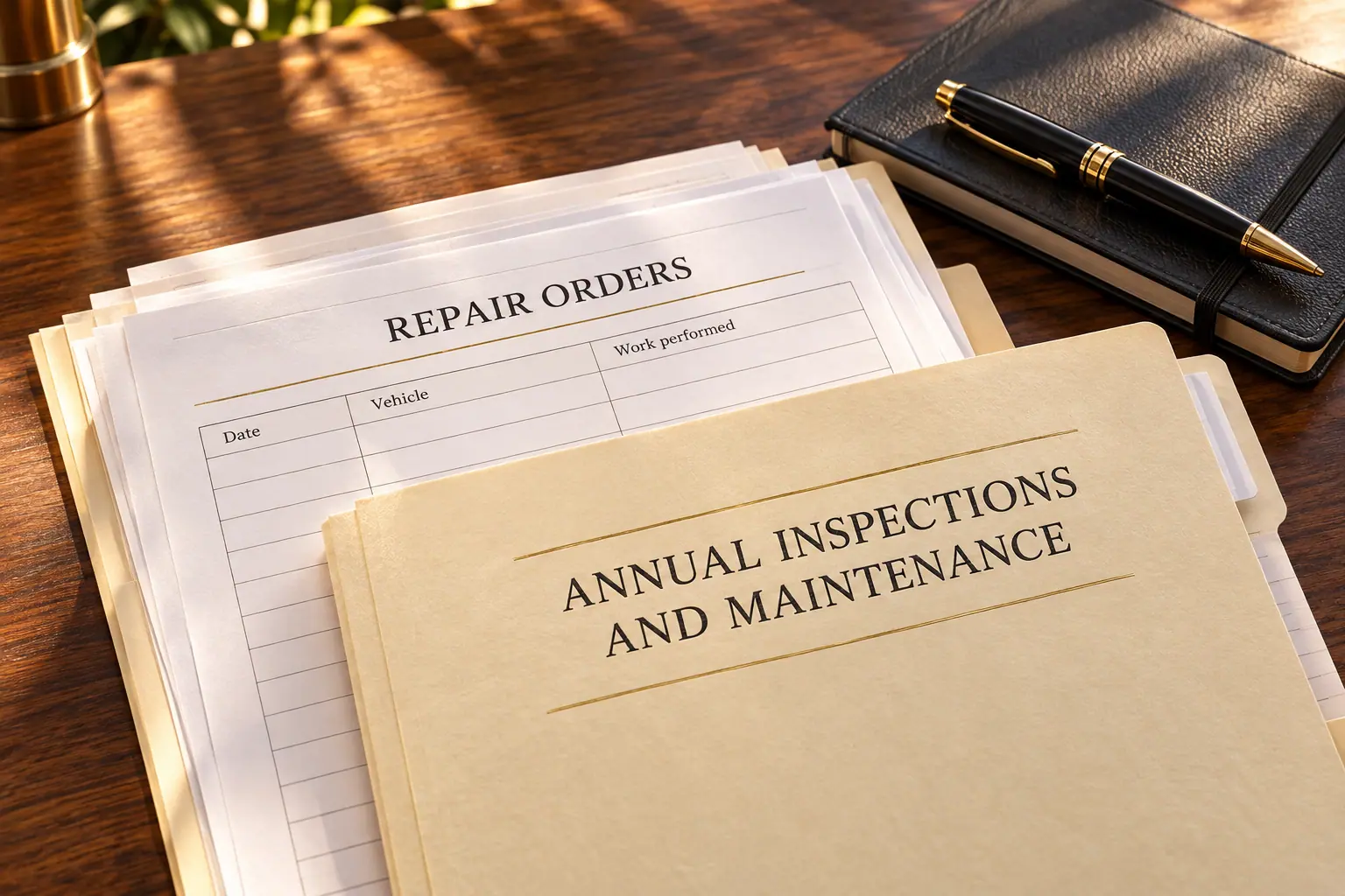 Repair orders and annual inspection and maintenance folders on a desk.